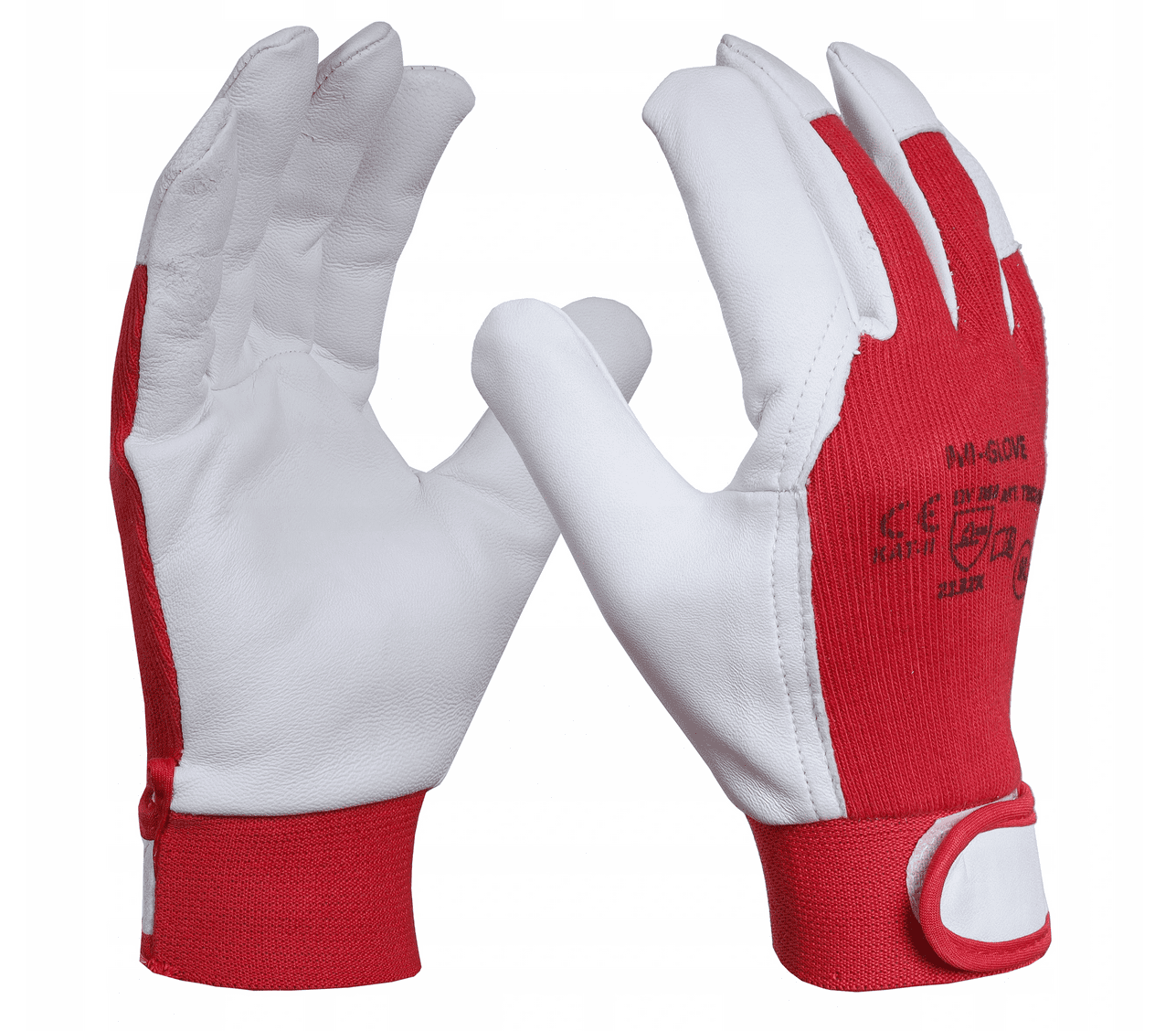 Arbetshandskar 12 par, montagehandskar, skinn, röd-vita CE, m-Glove
