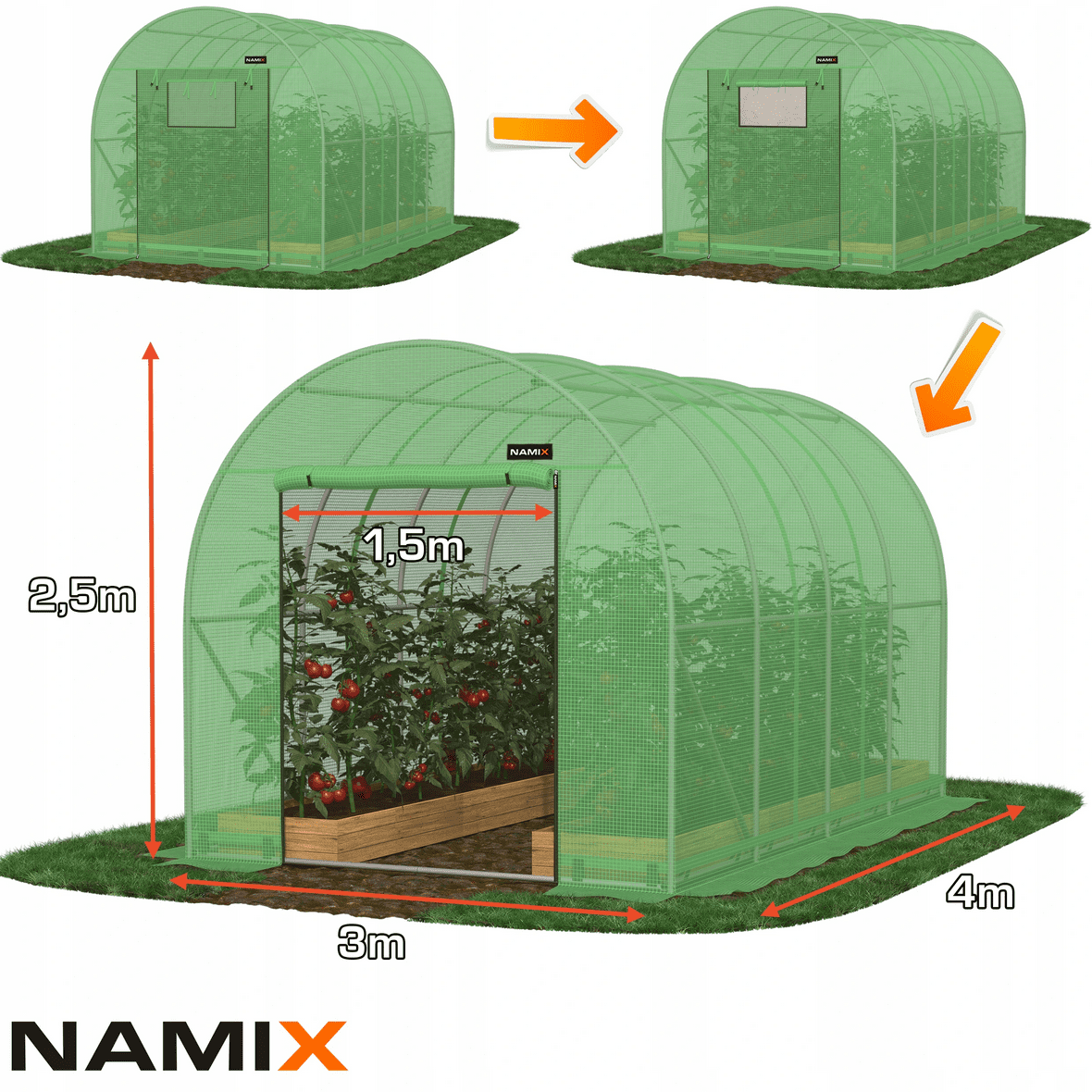 Plastväxthus för året runt utomhusbruk, tunnelväxthus, 2.5m högt , 12-30kvm, stål, Namix Greenhouse