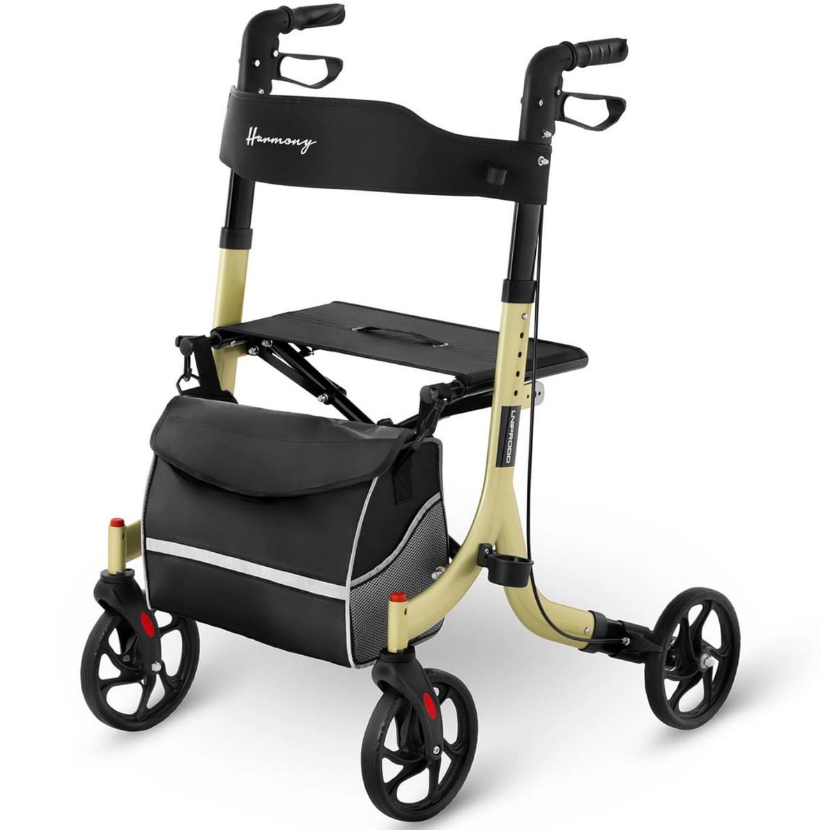 Rollator lättvikt, hopfällbar, bekväm sits, väska, max 136 kg, inom- och utomhusbruk, Uniprodo Harmony
