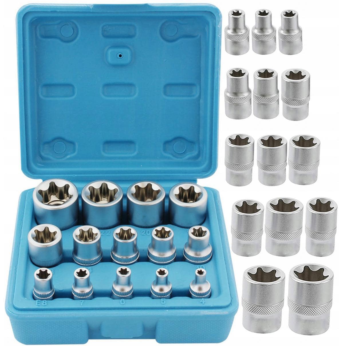 Torxhylsor TORX-E, sats 14st E4-E24, 1/2, 3/8, 1/4” hylsor TORX invändiga, Vatfal