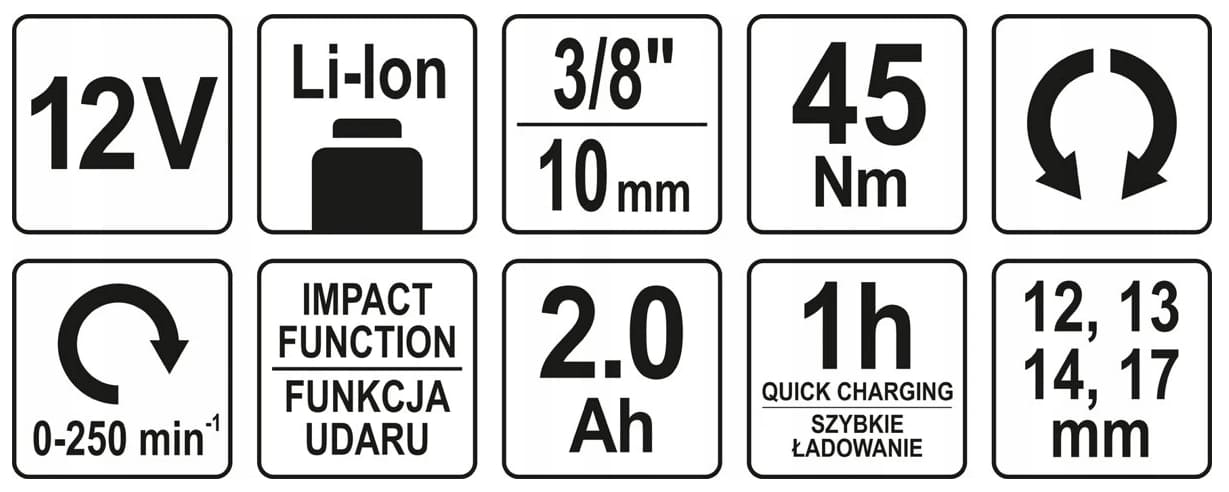 Sladdlös spärrskaft 45Nm, 1/2, 12V batteri 2, 0 Ah, YATO
