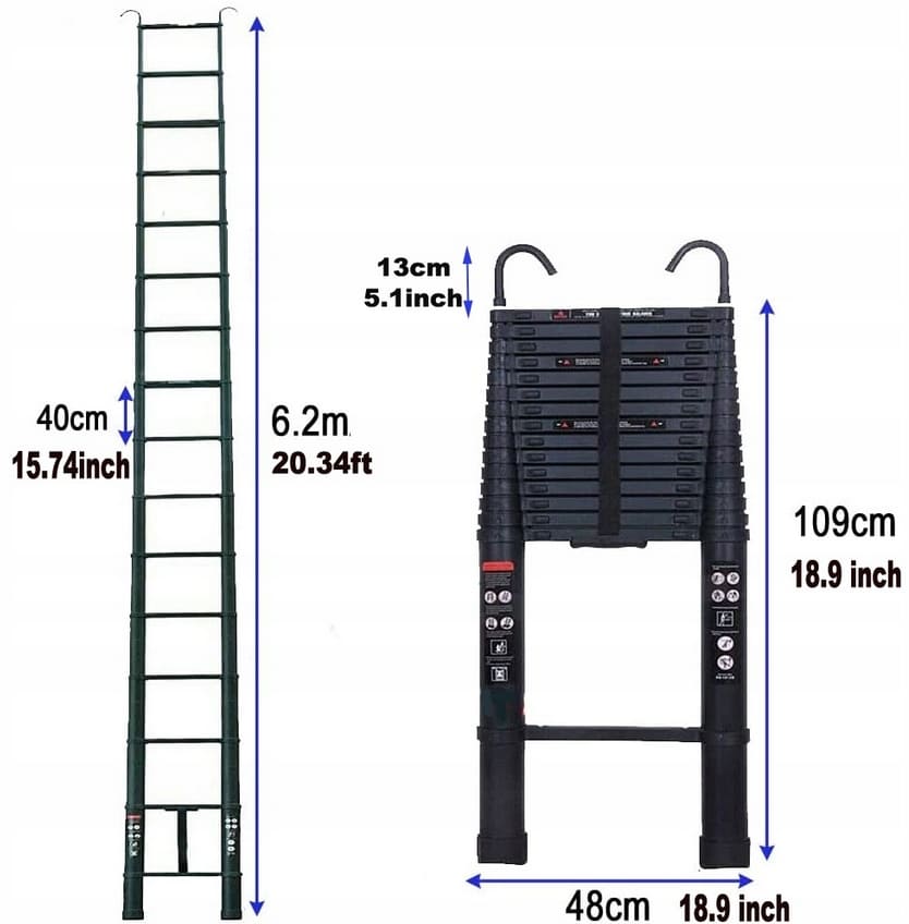 Teleskopstege 290-620 cm, kompakt utfällbart stege, aluminium, max 150 kg, CE