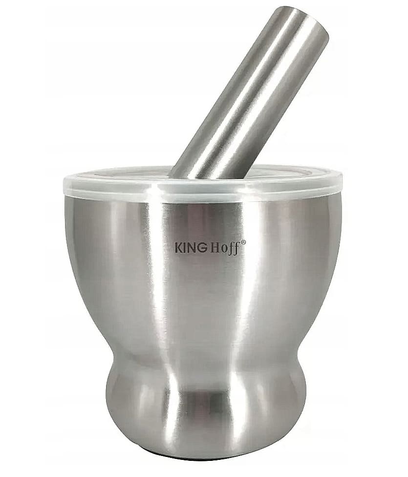 Mortel av borstat rostrfitt stål, med stöt, 13 cm diam. 70gr, Kinghof