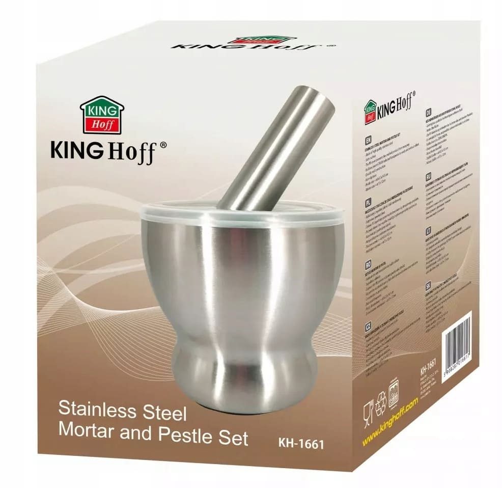 Mortel av borstat rostrfitt stål, med stöt, 13 cm diam. 70gr, Kinghof