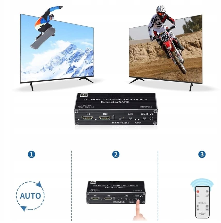 HDMI Switch Audio Extractor SPDIF 4K - 2 x HDMI, ARC, DHCP 2.2, Toslink, Coax, remote