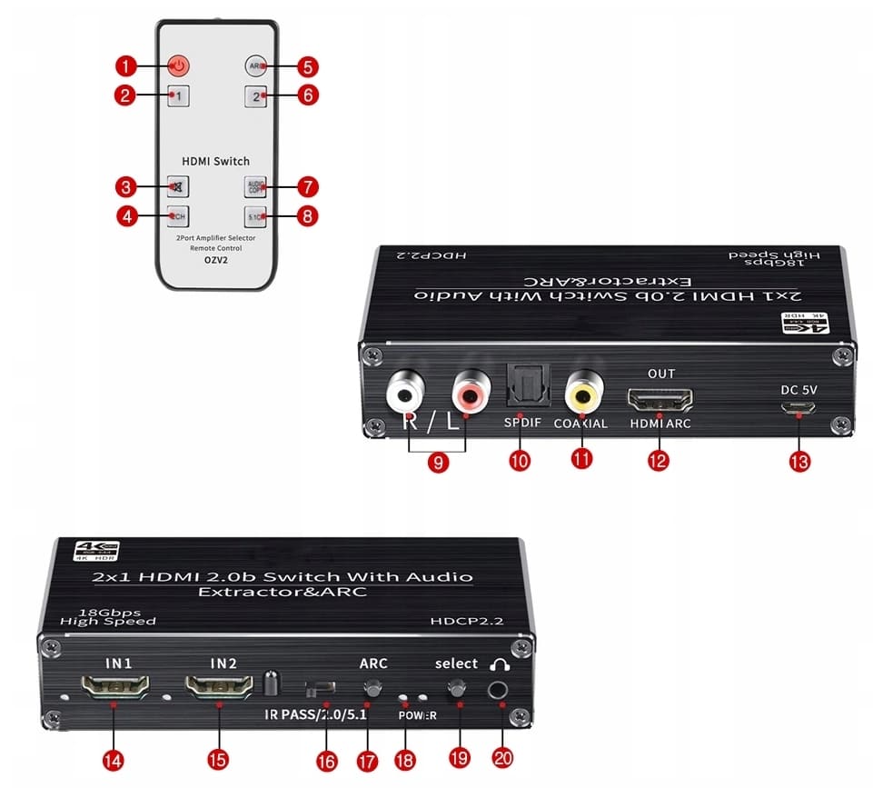 HDMI Switch Audio Extractor SPDIF 4K - 2 x HDMI, ARC, DHCP 2.2, Toslink, Coax, remote