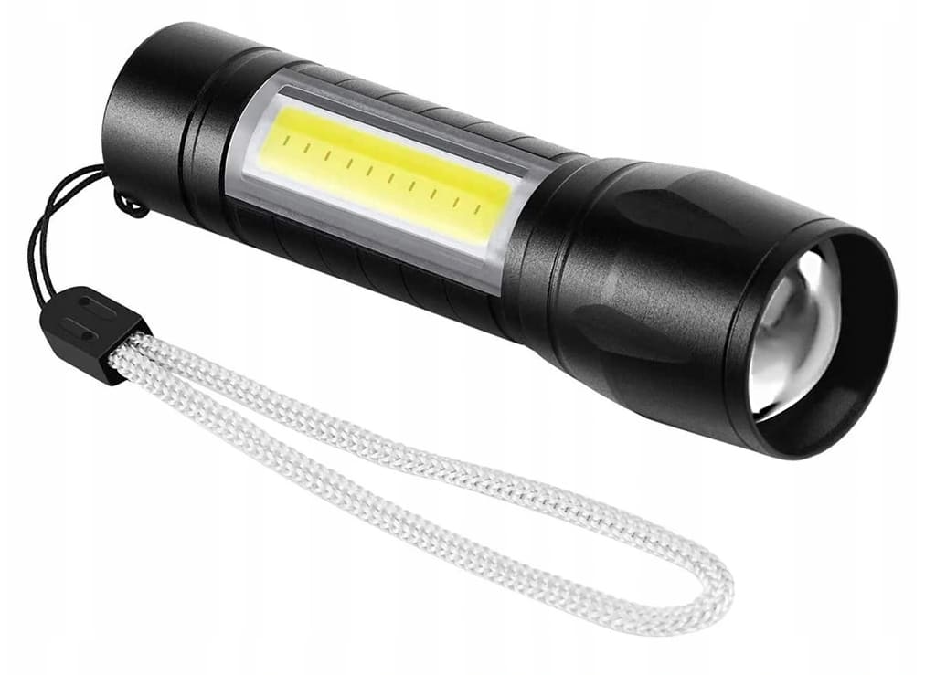 Ficklampa LED XPE+COB 200 LM, USB batteri, zoom, mycket liten, dubbla LED, Tactical Light