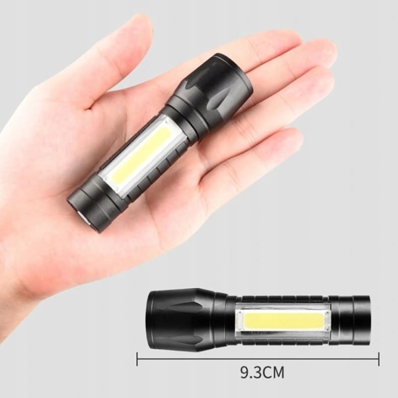 Ficklampa LED XPE+COB 200 LM, USB batteri, zoom, mycket liten, dubbla LED, Tactical Light