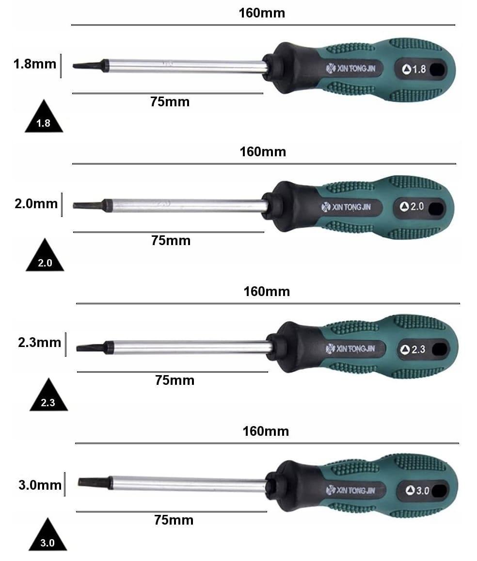 Triangle Screwdrivers, set of 4 screwdrivers with triangular-shaped tips, magnetic.