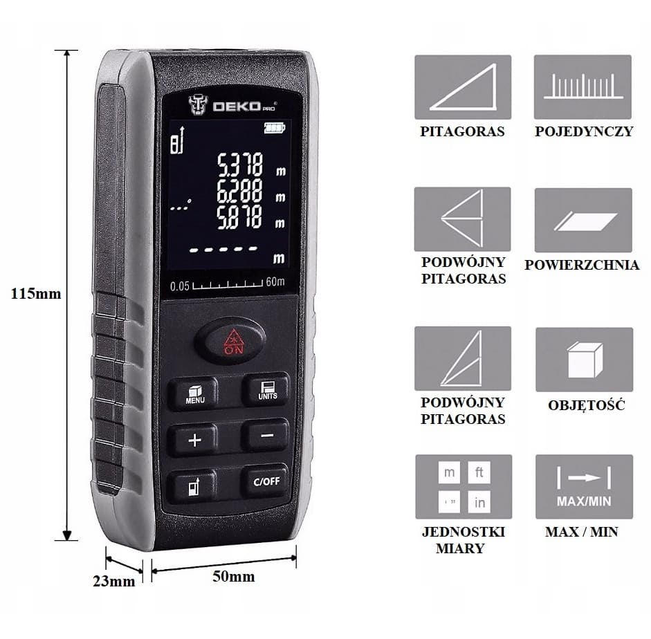 Laser Distance Meter 50m, +/- 1.5 mm Accuracy, 7 Functions, DEKO