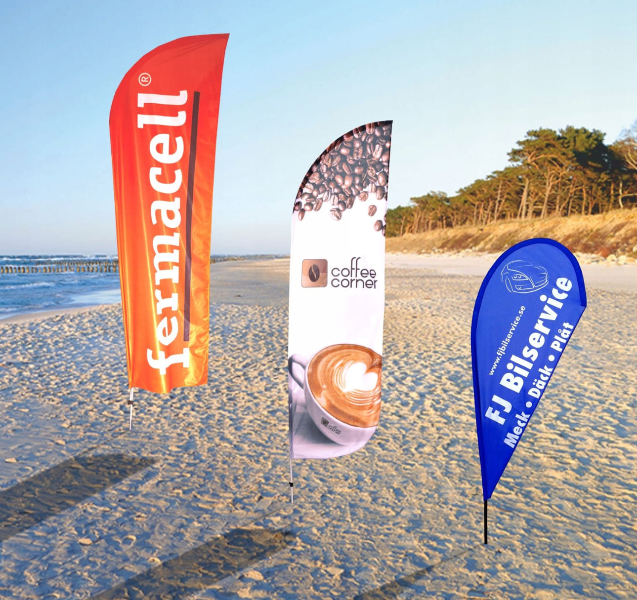Reklamflaggor, beachflagga med mast och tryck på 260 x 60 cm