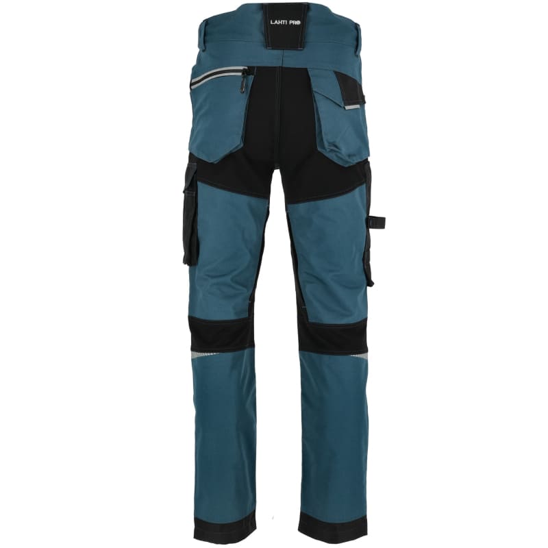 Work trousers, slim fit, turquoise and black with stretch inserts, carpenter pants, CE, LAHTI.