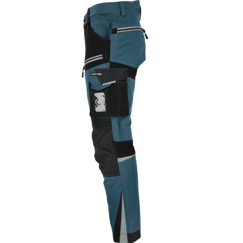 Work trousers, slim fit, turquoise and black with stretch inserts, carpenter pants, CE, LAHTI.