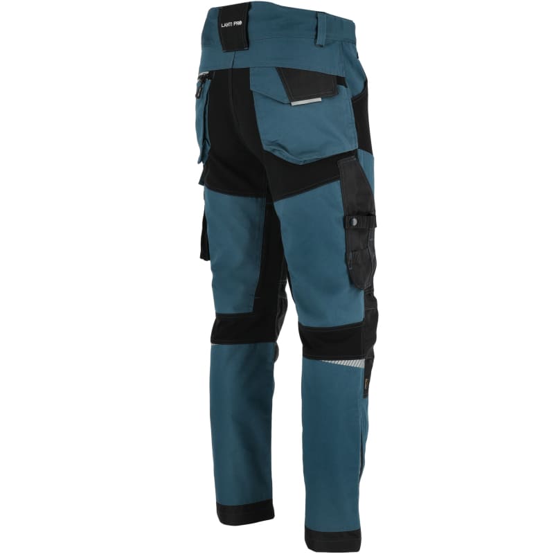 Work trousers, slim fit, turquoise and black with stretch inserts, carpenter pants, CE, LAHTI.