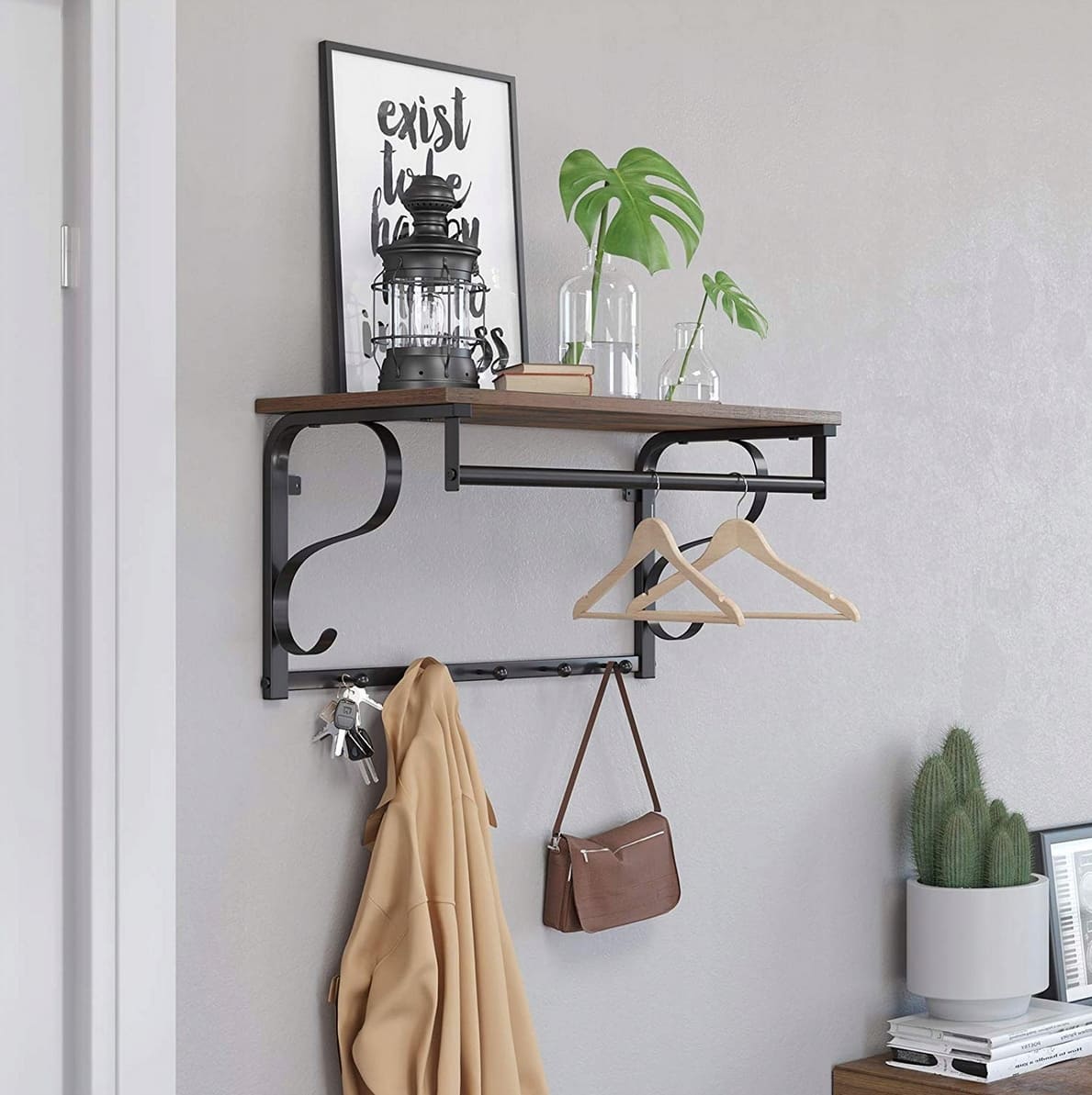 Brown wood and metal hat shelf with hanging hooks, rustic, vintage, 60 x 30 x 31, 7 cm