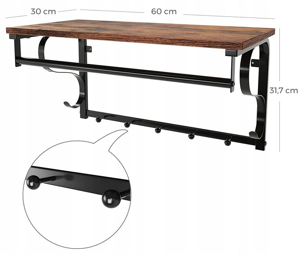 Brown wood and metal hat shelf with hanging hooks, rustic, vintage, 60 x 30 x 31, 7 cm