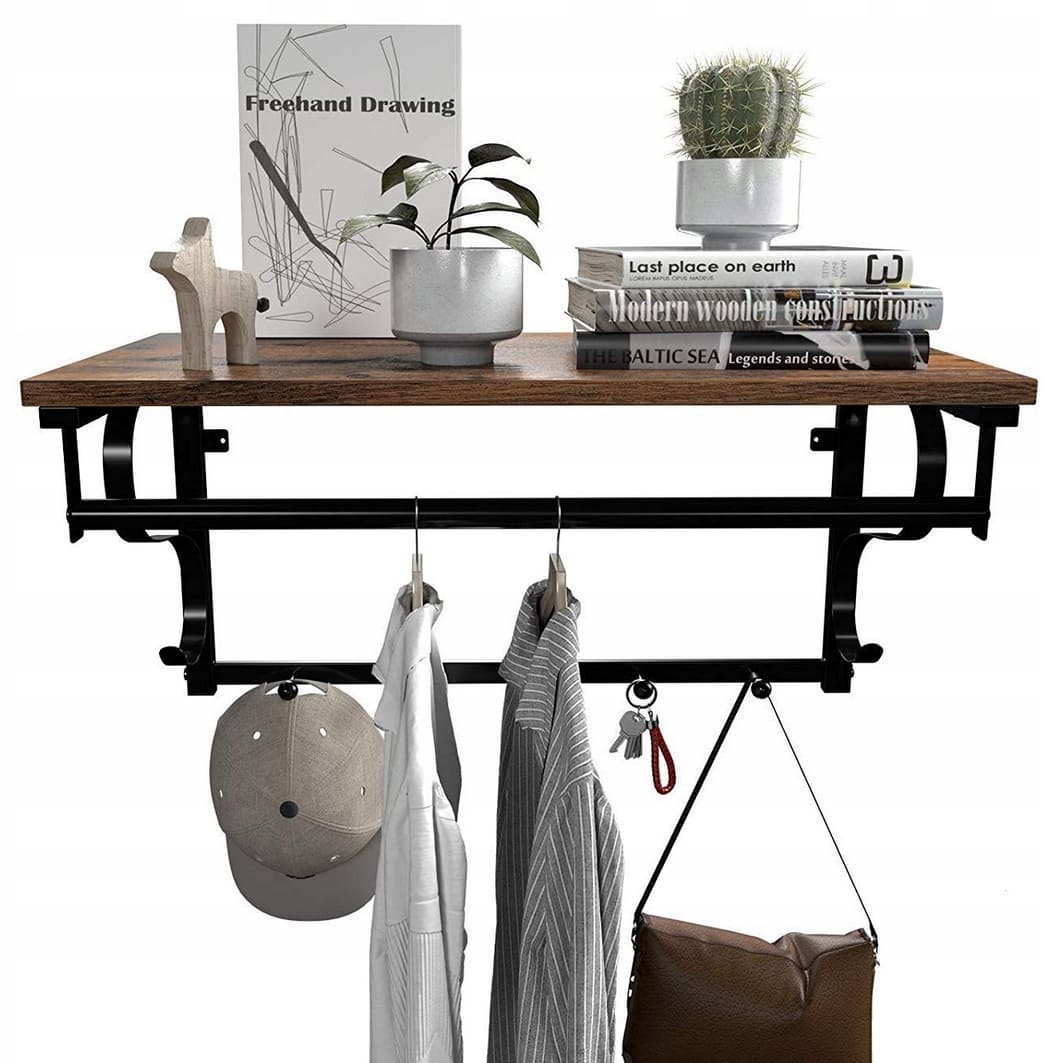 Brown wood and metal hat shelf with hanging hooks, rustic, vintage, 60 x 30 x 31, 7 cm