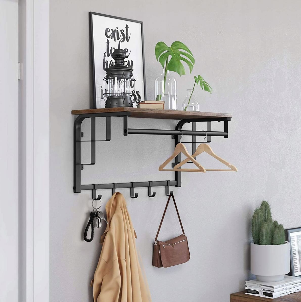 Brown wood and metal hat shelf with hanging hooks, rustic, vintage, 66 x 30 x 27 cm