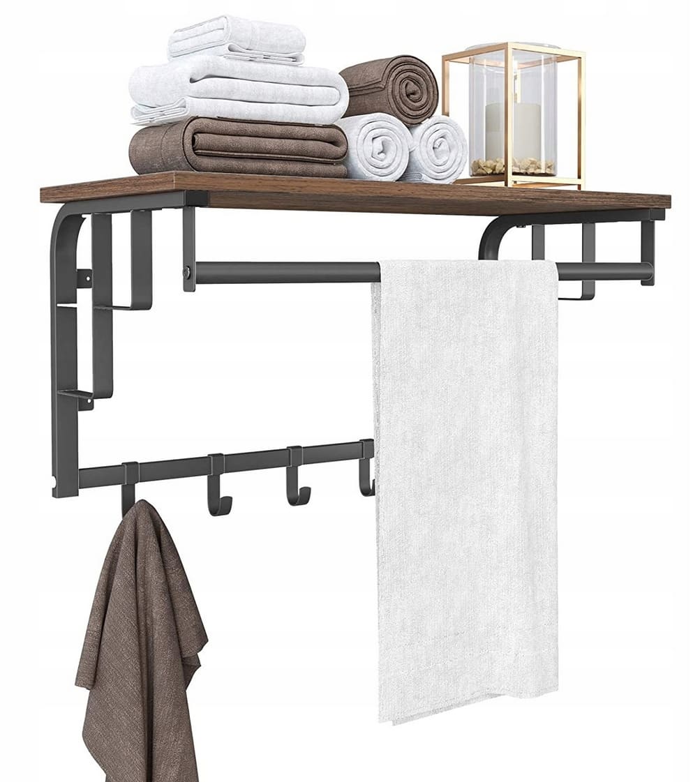 Brown wood and metal hat shelf with hanging hooks, rustic, vintage, 66 x 30 x 27 cm