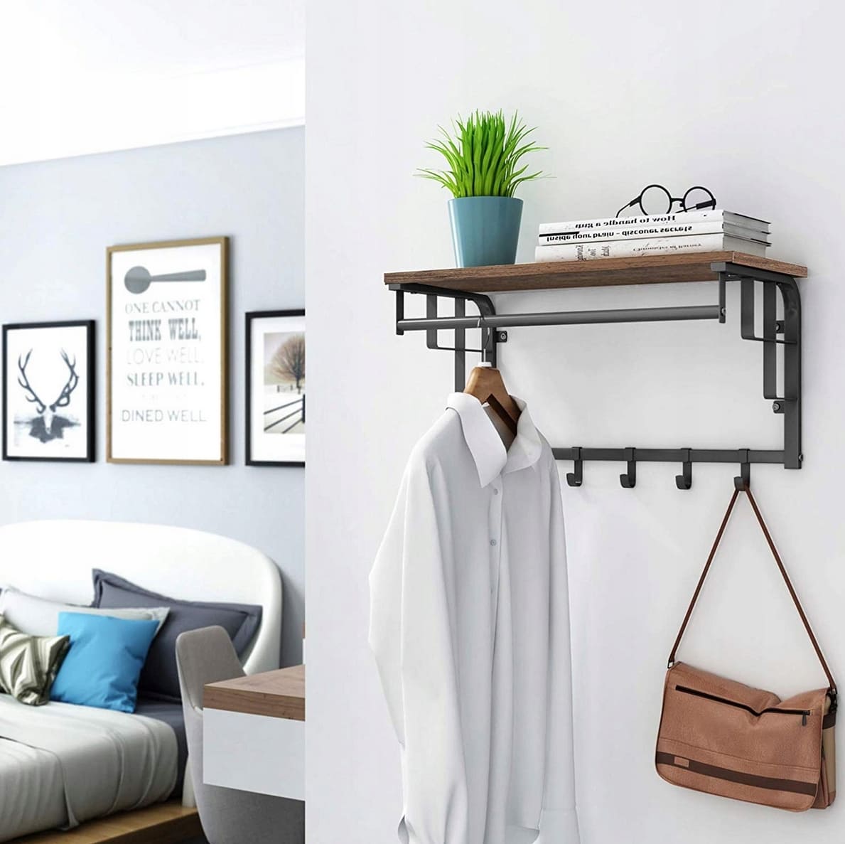 Brown wood and metal hat shelf with hanging hooks, rustic, vintage, 66 x 30 x 27 cm