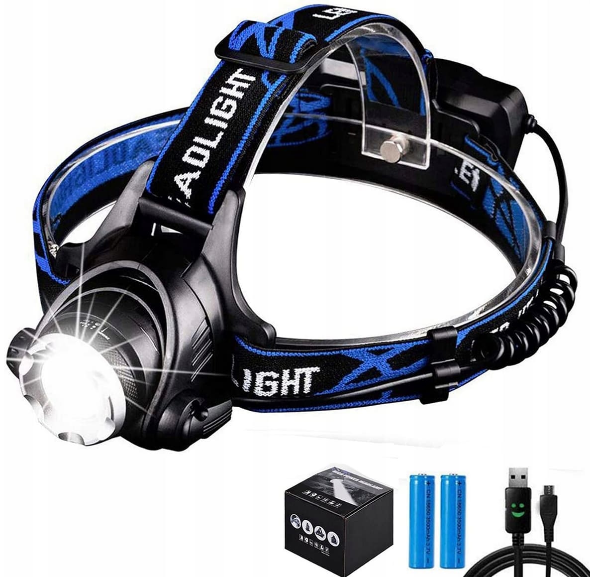 Pannlampa LED 800lm 300m Räckvidd Zoom 3 Lägen Vattentålig Aluminium 90° Vinkel (inkl. 2 laddbara batterier)