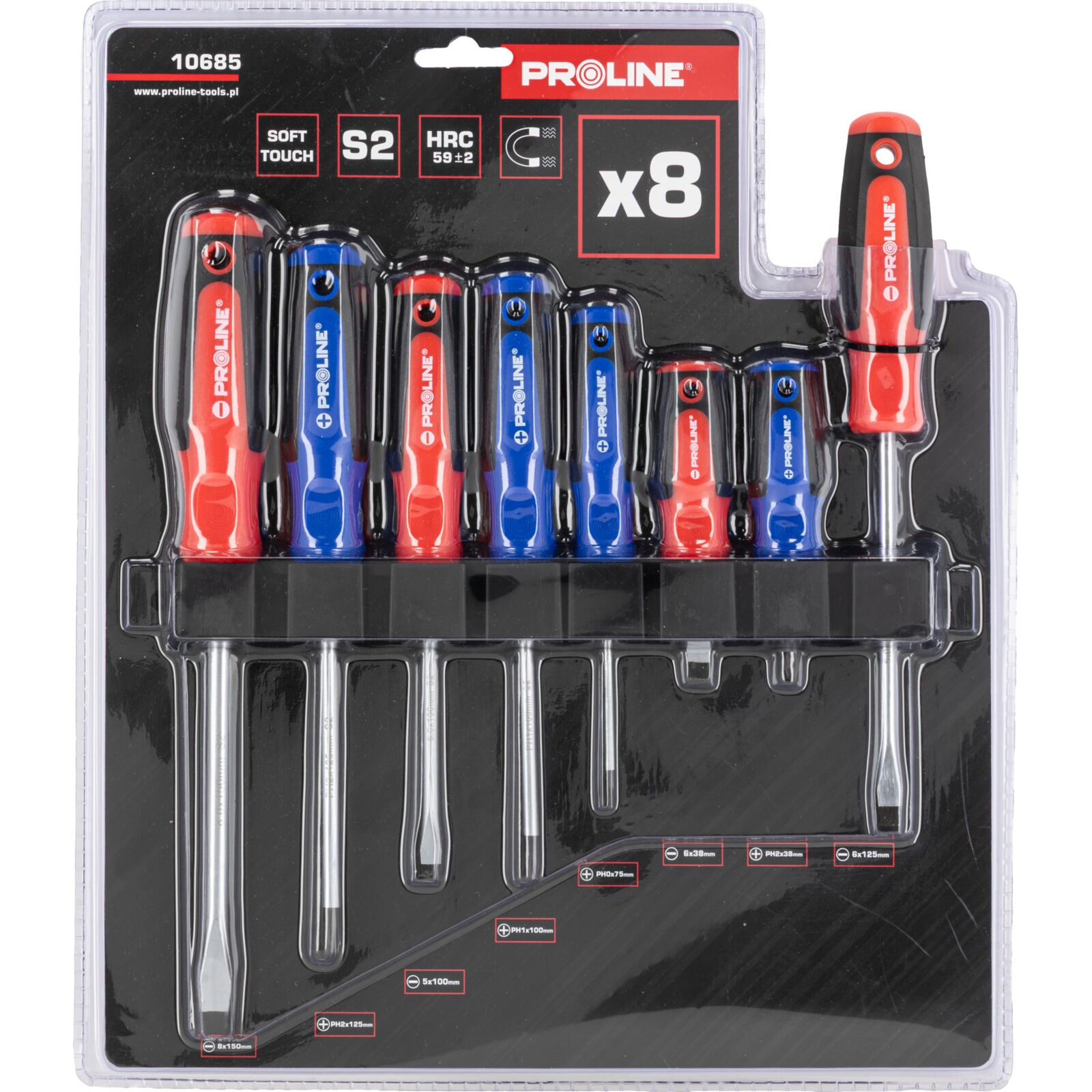 8-Piece Screwdriver set S2 Steel HRC 59, Ergonomic Soft-Touch, Magnetic, Slotted and Phillips, Proline