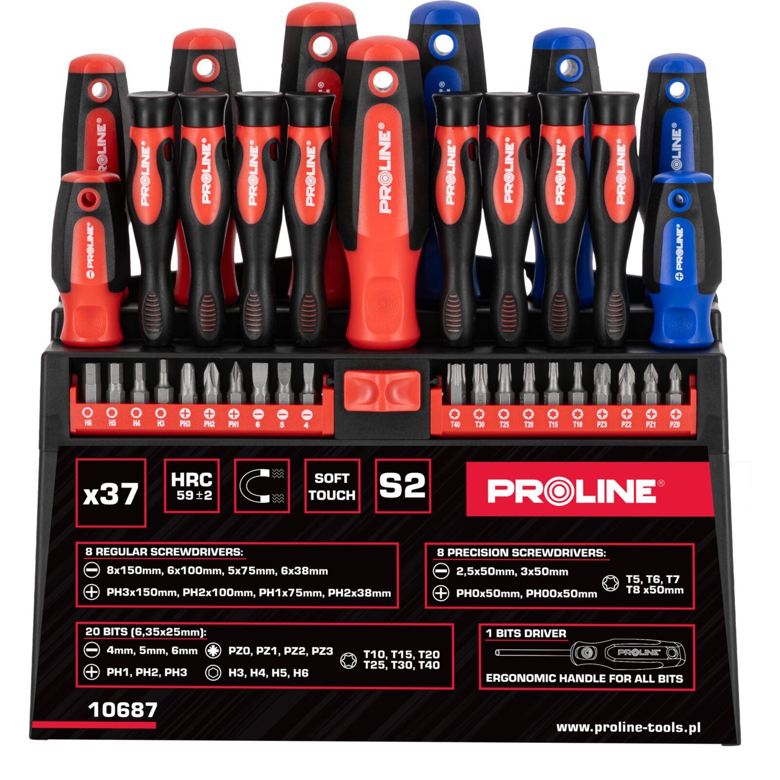 37-Piece Screwdriver set S2 Steel HRC 59±2 Magnetic Tip Ergonomic Soft-Touch Handle Stand, Proline