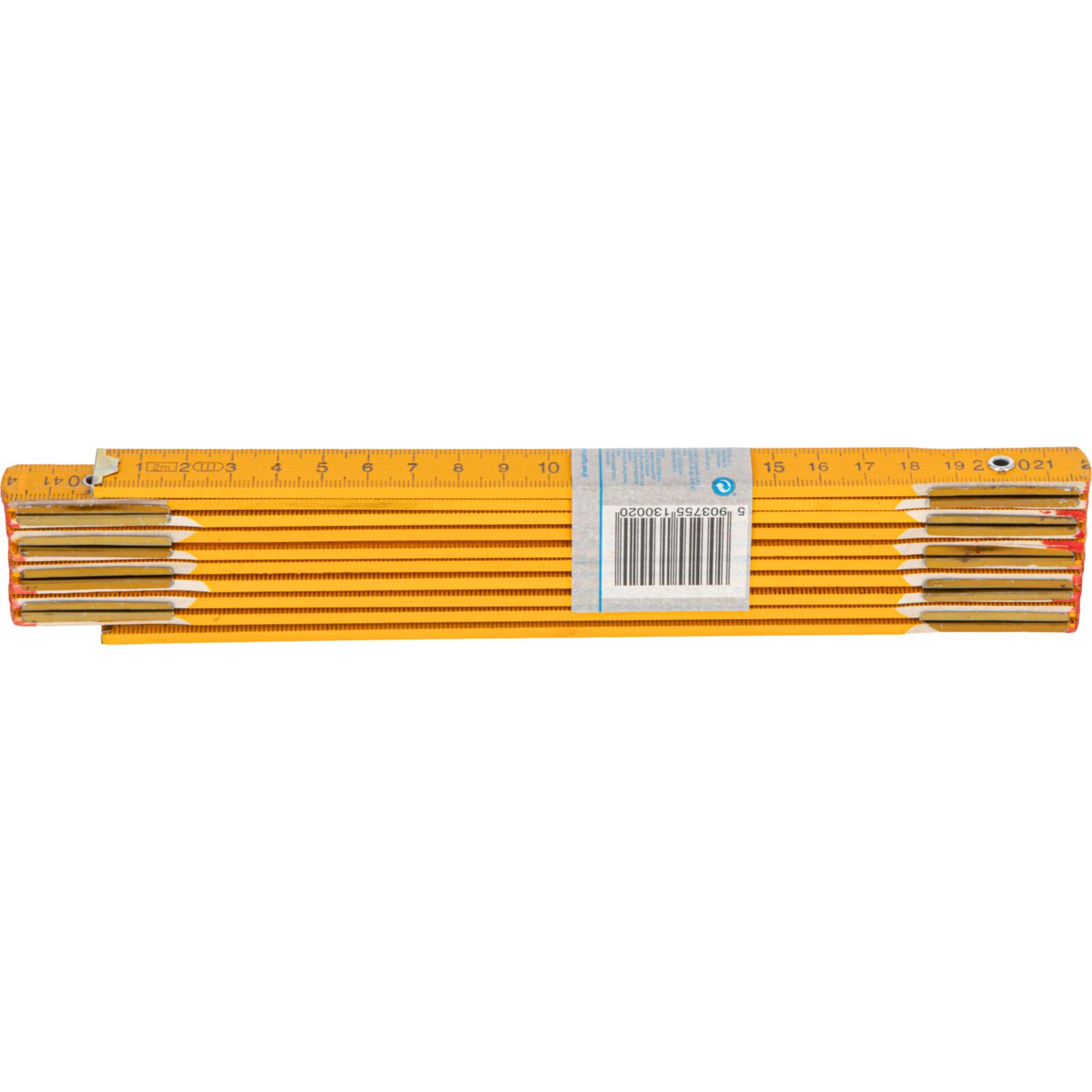 Wooden Folding Rule 2M, 10 Folds, Bright Yellow Wood in mm Top & Bottom, Scale in Black, Every 10 cm Red Lettering, Metal Rivets and Metal Hinge,