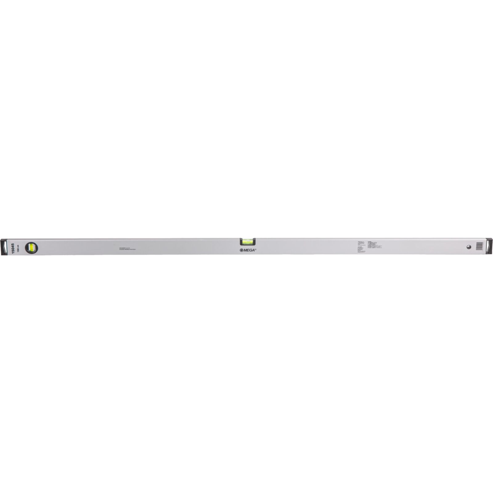 Box Aluminim Spirit Level 1500 mm, 2Vials - Horizontal and Vertical, Wall 1 mm Thick. Accuracy 1Mm1M. Silver Color. Plastic Black Ends Absorbing Shocks.