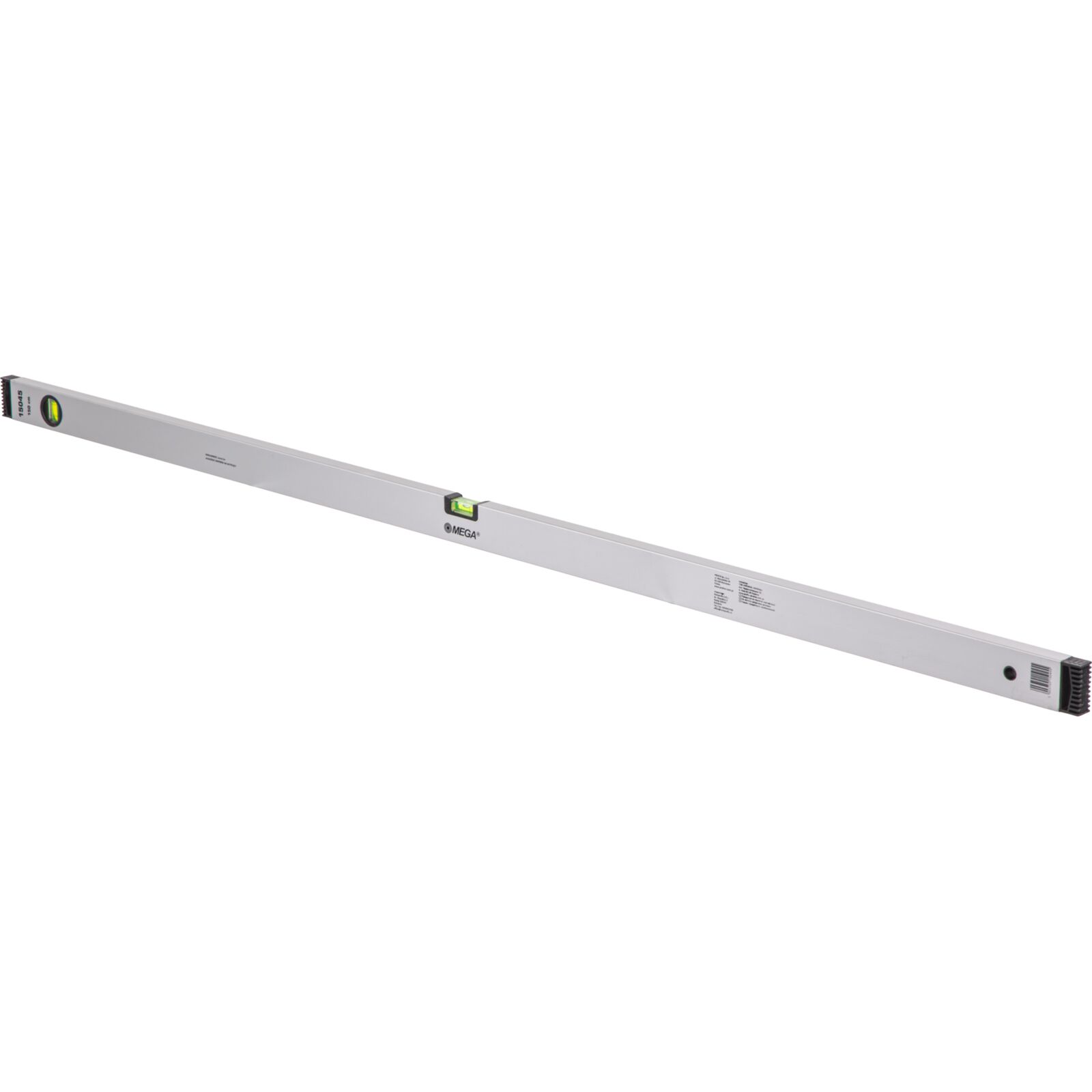 Box Aluminim Spirit Level 1500 mm, 2Vials - Horizontal and Vertical, Wall 1 mm Thick. Accuracy 1Mm1M. Silver Color. Plastic Black Ends Absorbing Shocks.