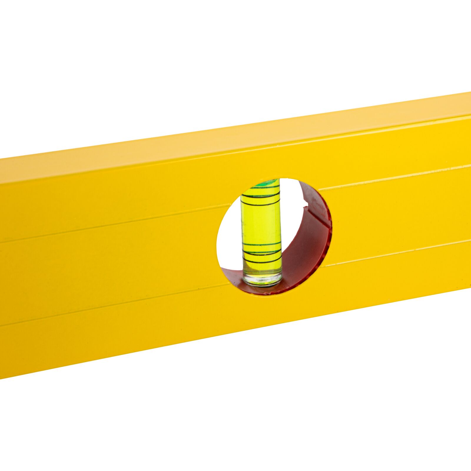 Aluminium Level, Box Type. 2 Vials - Horizontal and Vertical. Box Painted Yellow. Metric Scale Printed One Side. Plastic Ends and Ring in Hanging Hole in Red. Lenght 400 mm.