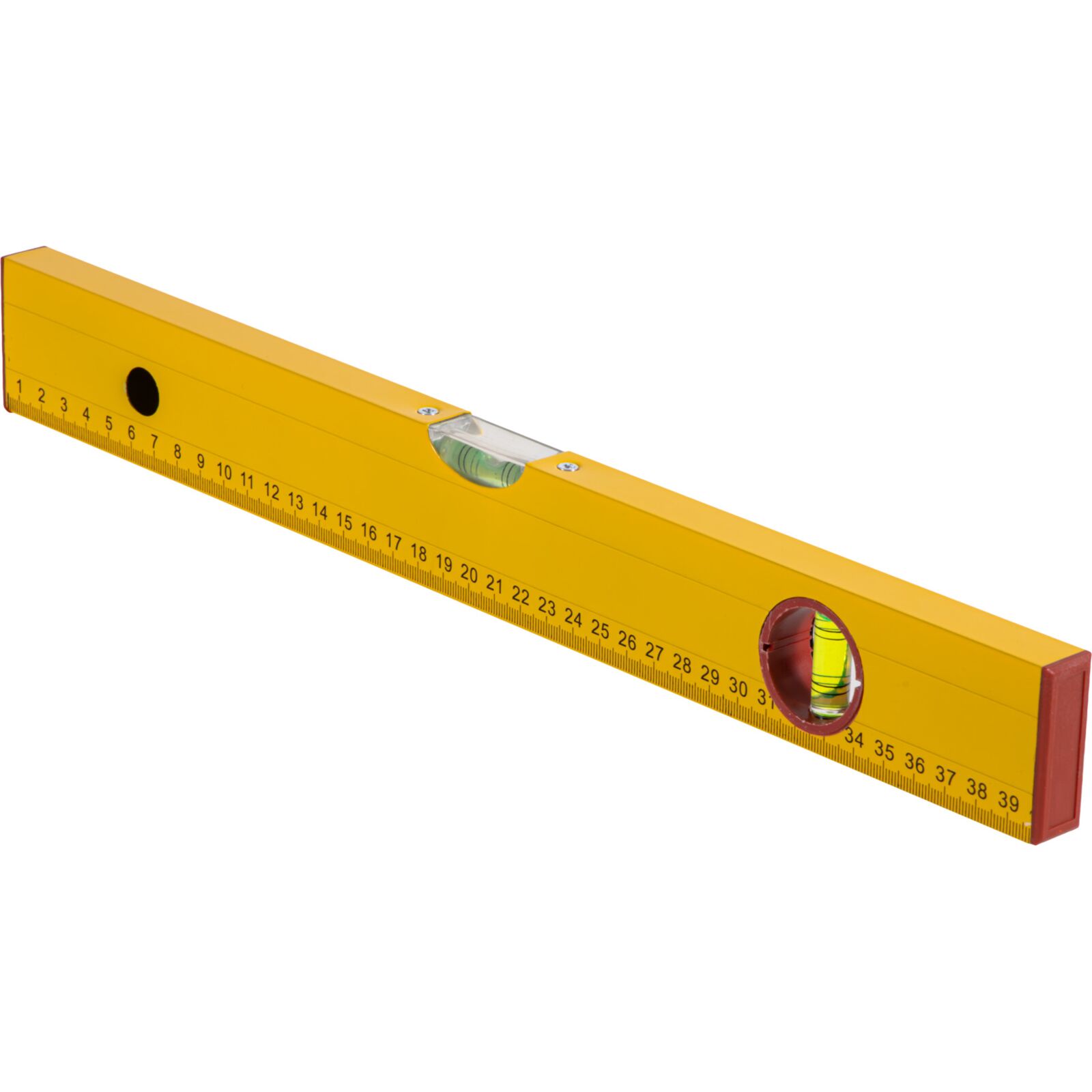 Aluminium Level, Box Type. 2 Vials - Horizontal and Vertical. Box Painted Yellow. Metric Scale Printed One Side. Plastic Ends and Ring in Hanging Hole in Red. Lenght 400 mm.