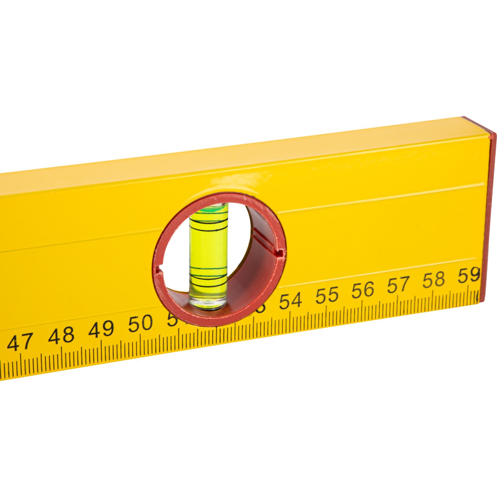Aluminium Level, Box Type. 2 Vials - Horizontal and Vertical. Box Painted Yellow. Metric Scale Printed One Side. Plastic Ends and Ring in Hanging Hole in Red. Lenght 600 mm.