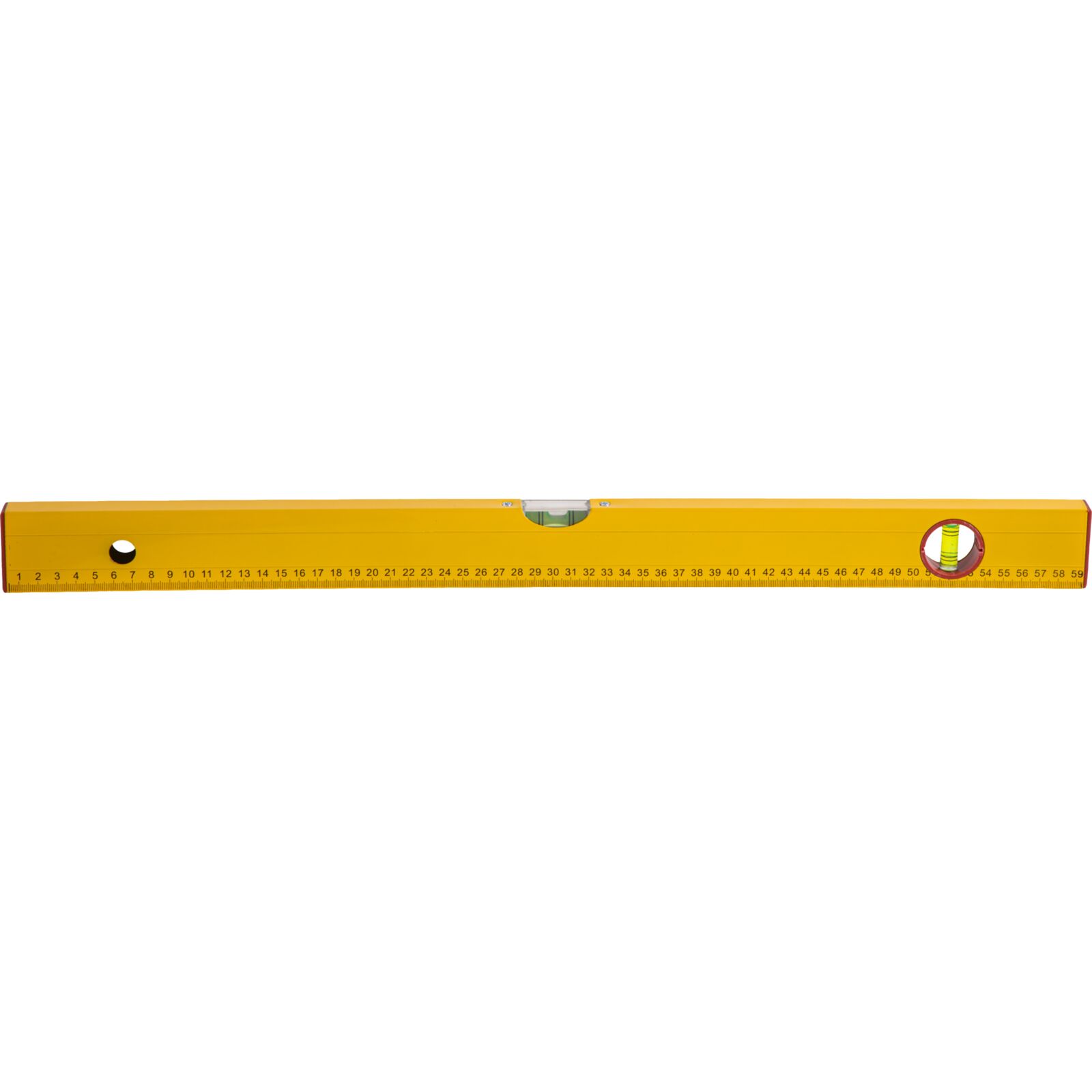 Aluminium Level, Box Type. 2 Vials - Horizontal and Vertical. Box Painted Yellow. Metric Scale Printed One Side. Plastic Ends and Ring in Hanging Hole in Red. Lenght 600 mm.