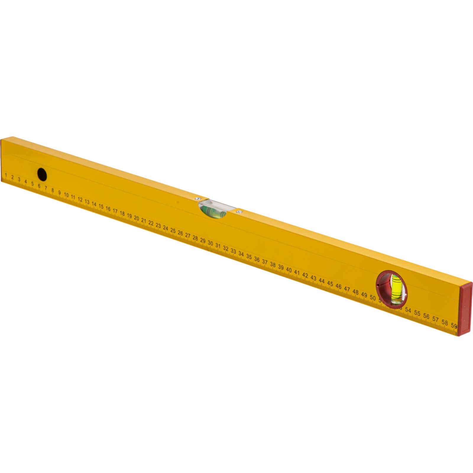Aluminium Level, Box Type. 2 Vials - Horizontal and Vertical. Box Painted Yellow. Metric Scale Printed One Side. Plastic Ends and Ring in Hanging Hole in Red. Lenght 600 mm.
