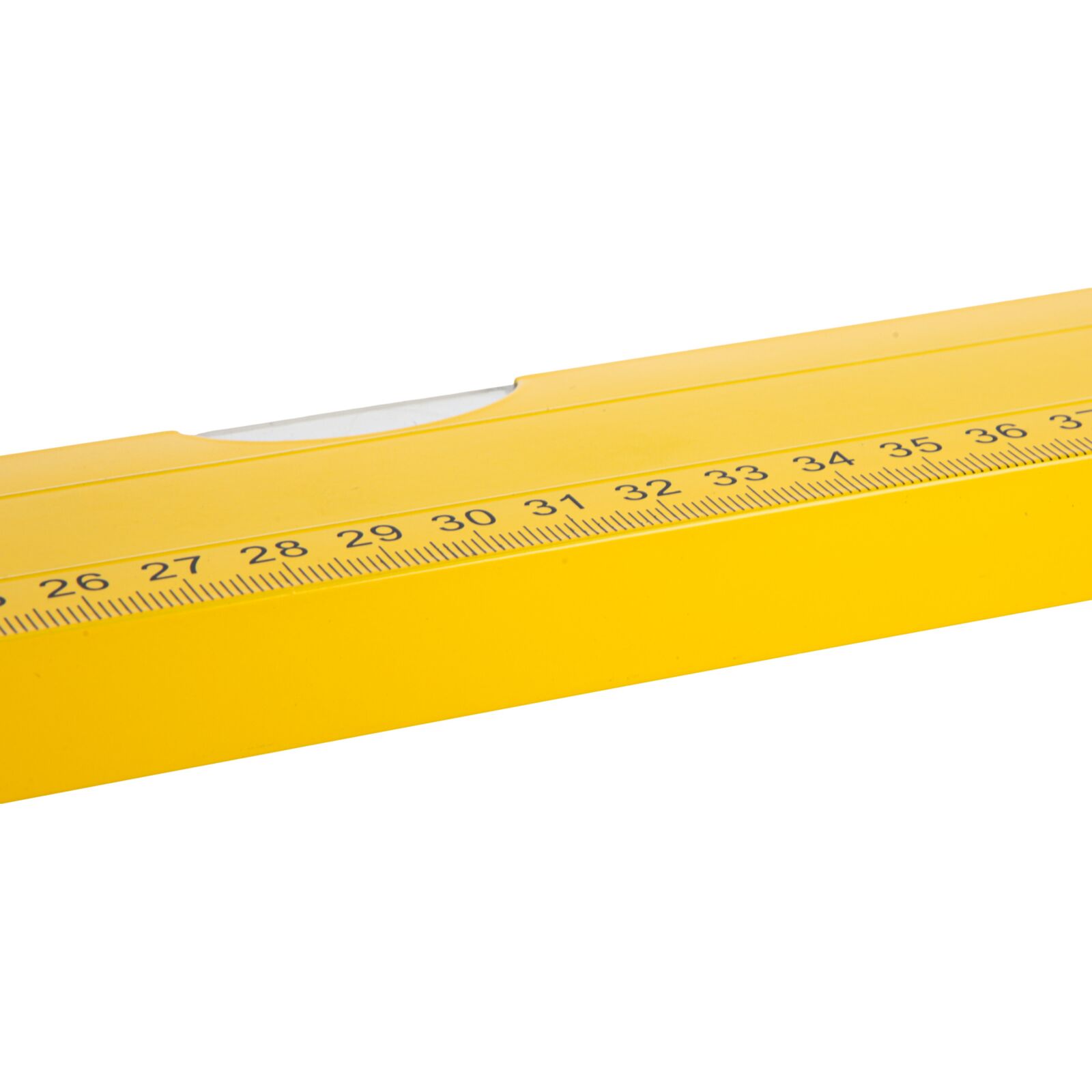 Aluminium Level, Box Type. 2 Vials - Horizontal and Vertical. Box Painted Yellow. Metric Scale Printed One Side. Plastic Ends and Ring in Hanging Hole in Red. Lenght 800 mm.