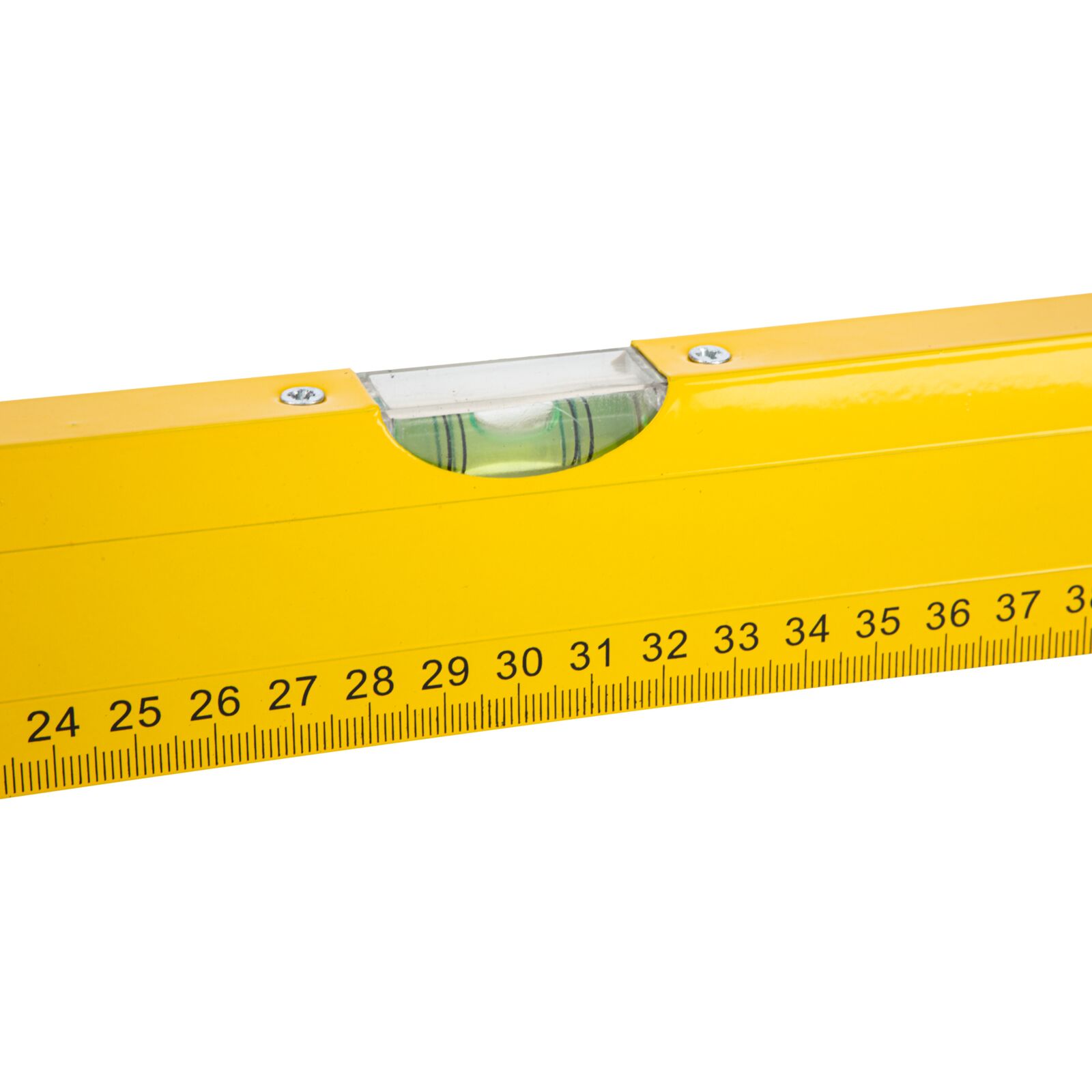 Aluminium Level, Box Type. 2 Vials - Horizontal and Vertical. Box Painted Yellow. Metric Scale Printed One Side. Plastic Ends and Ring in Hanging Hole in Red. Lenght 800 mm.