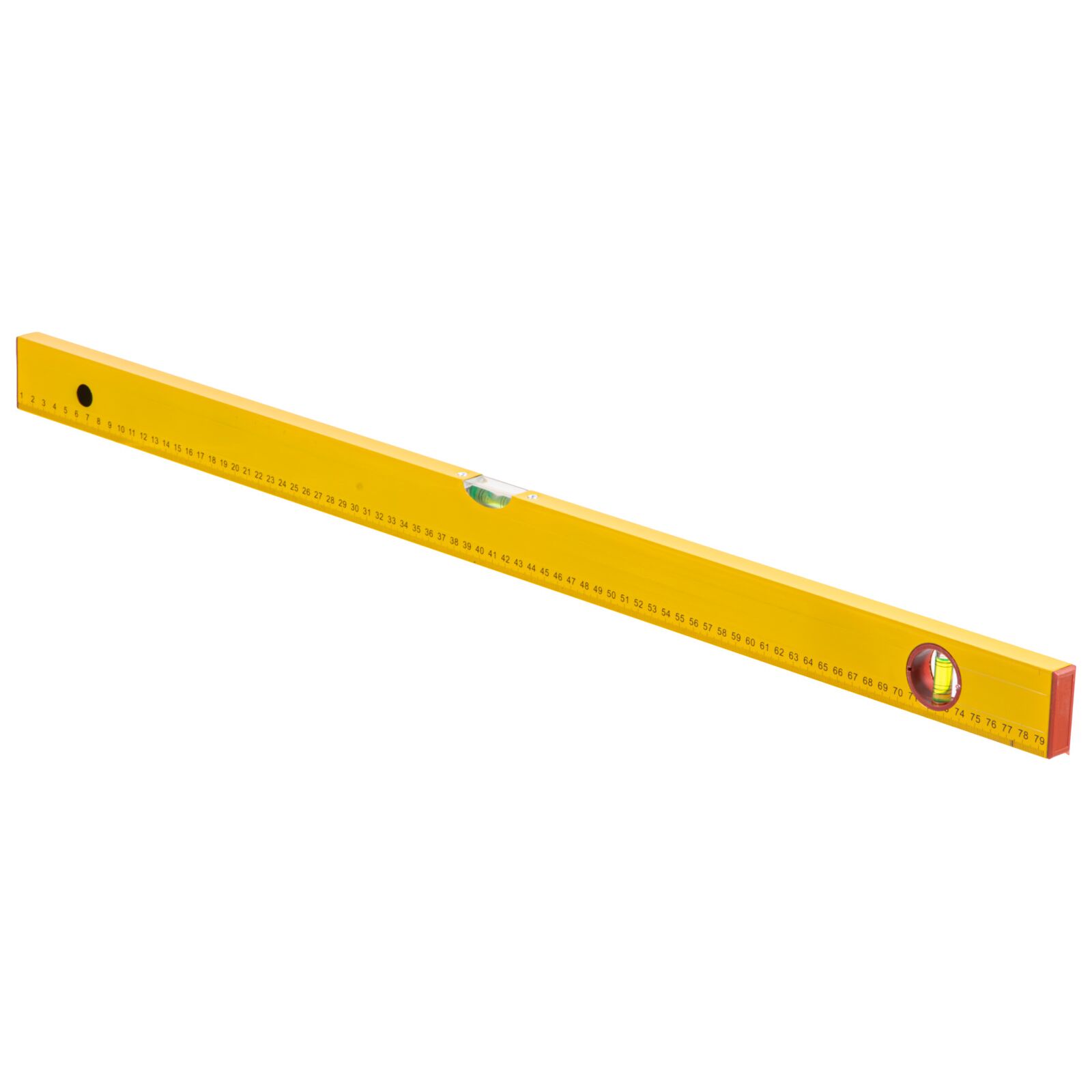 Aluminium Level, Box Type. 2 Vials - Horizontal and Vertical. Box Painted Yellow. Metric Scale Printed One Side. Plastic Ends and Ring in Hanging Hole in Red. Lenght 800 mm.