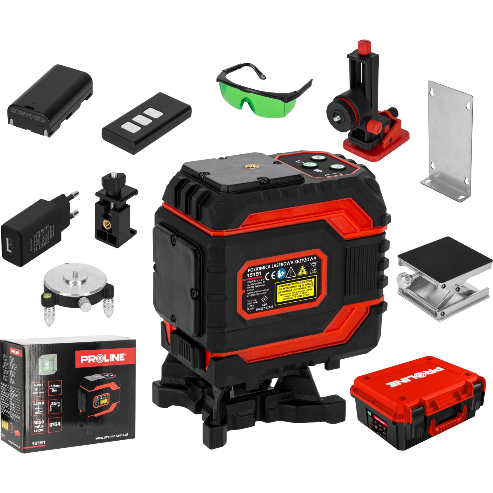360° Green Cross Laser Level Kit 2D Self-Leveling, 2 Beams, Working Range 25m, Accuracy ±1.5 mm/5m, IP54, Li-Ion 3000mAh, 5/8 and 1/4 Tripod Threads, Proline