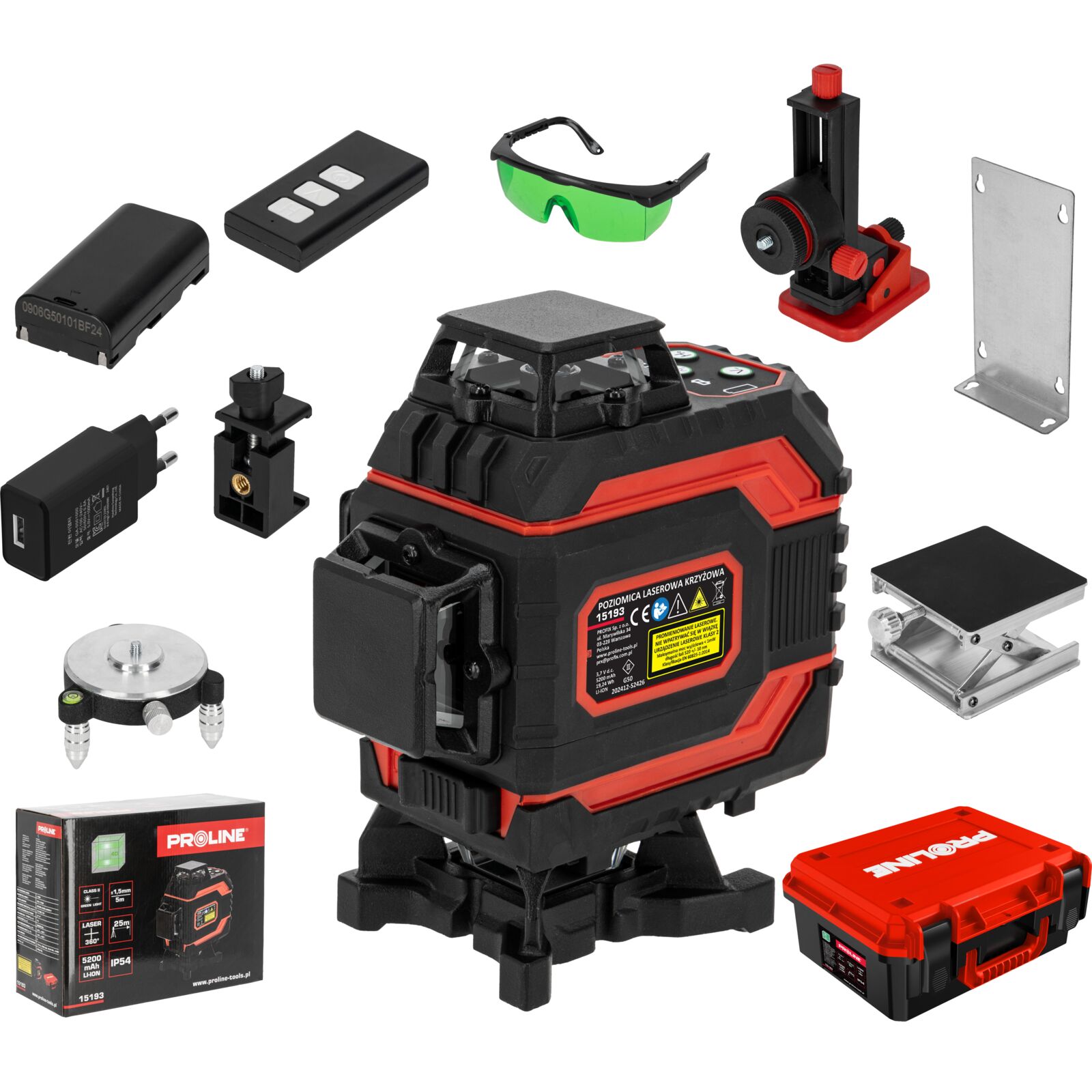Laservattenpass 360° grönt korslaserkit 4D självinställande, 4 strålar, ±1.5 mm / 5 m noggrannhet, IP54 skydd, 25 m arbetsområde, Li-Ion 5200 mAh batteri, 5/8 och 1/4 stativgänga, Proline