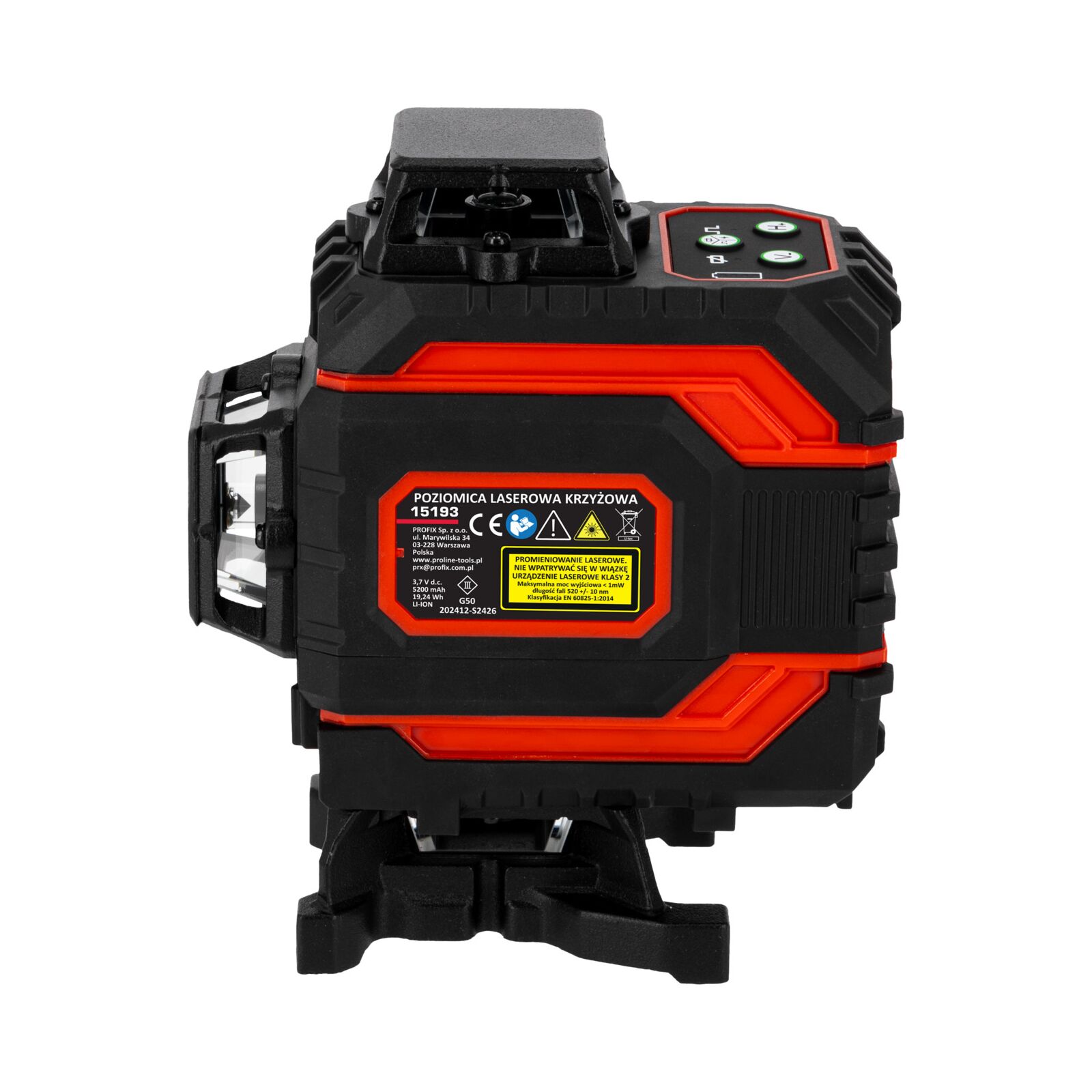 Laservattenpass 360° grönt korslaserkit 4D självinställande, 4 strålar, ±1.5 mm / 5 m noggrannhet, IP54 skydd, 25 m arbetsområde, Li-Ion 5200 mAh batteri, 5/8 och 1/4 stativgänga, Proline