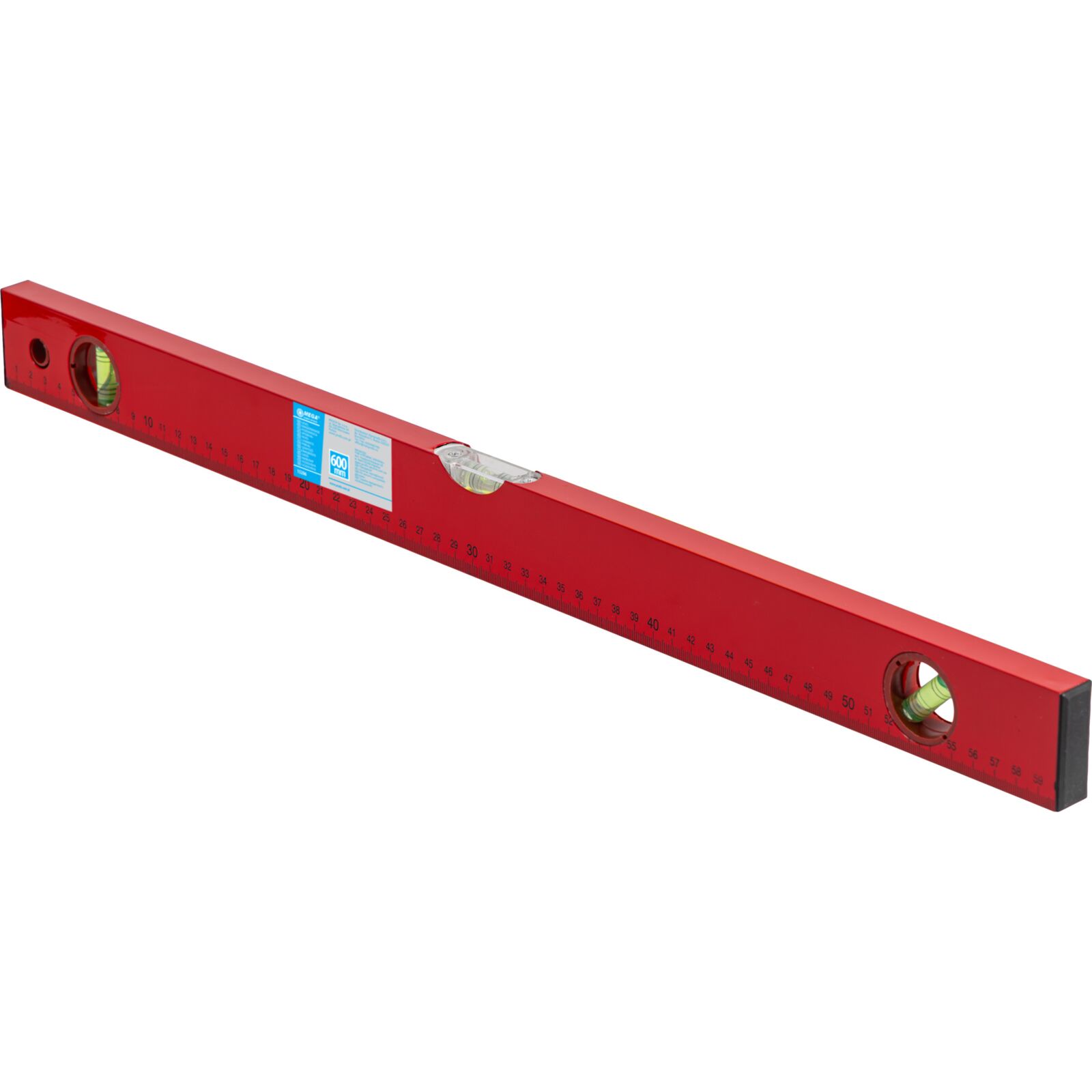 Aluminum Level, Box Type. 3 Vials - Horizontal, Vertical and 45Â° Angle. Box Painted Red. Metric Scale Printed On Side. Plastic Ends in Black. Plastic Ring in Hanging Hole in Red.