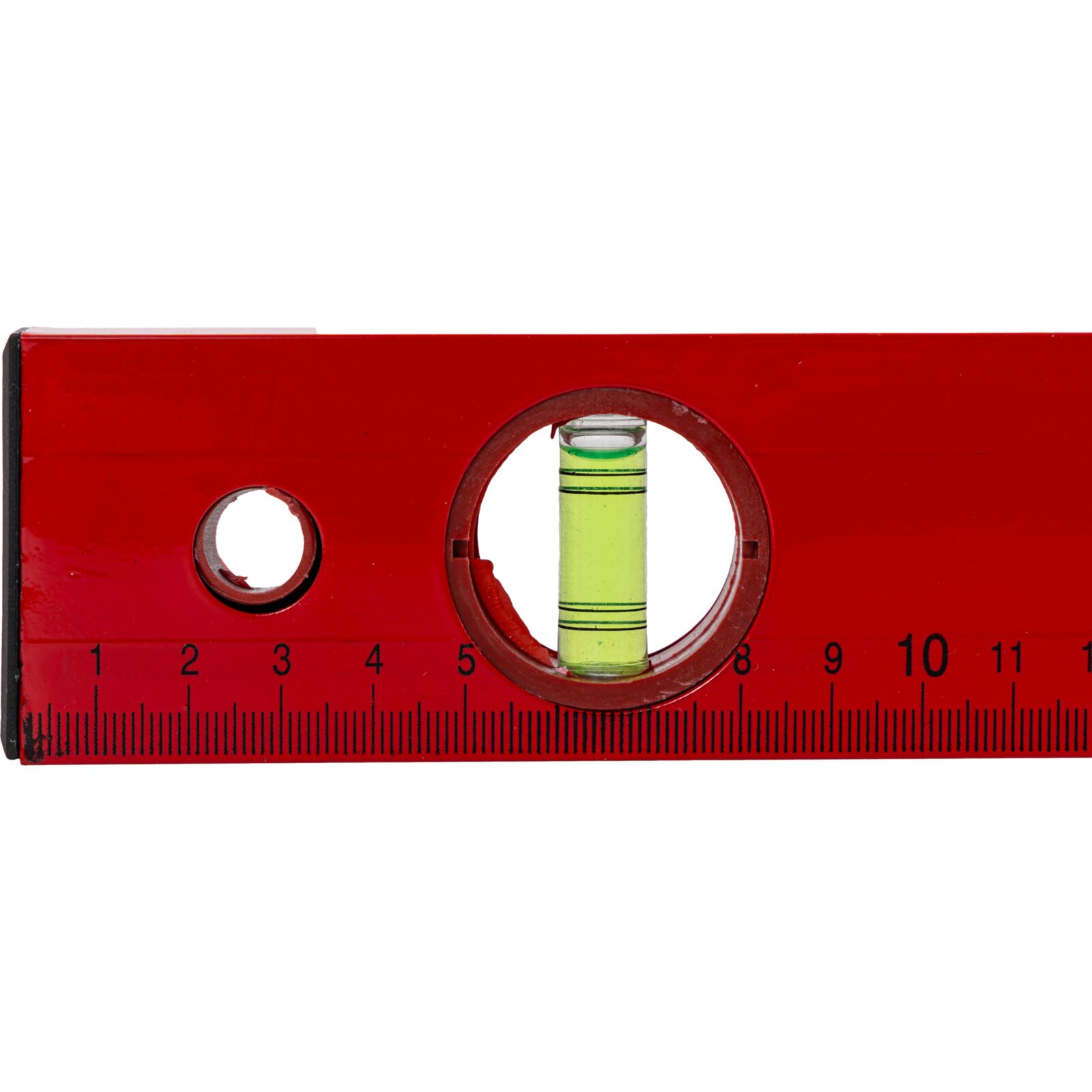 Aluminum Level, Box Type. 3 Vials - Horizontal, Vertical and 45Â° Angle. Box Painted Red. Metric Scale Printed On Side. Plastic Ends in Black. Plastic Ring in Hanging Hole in Red.