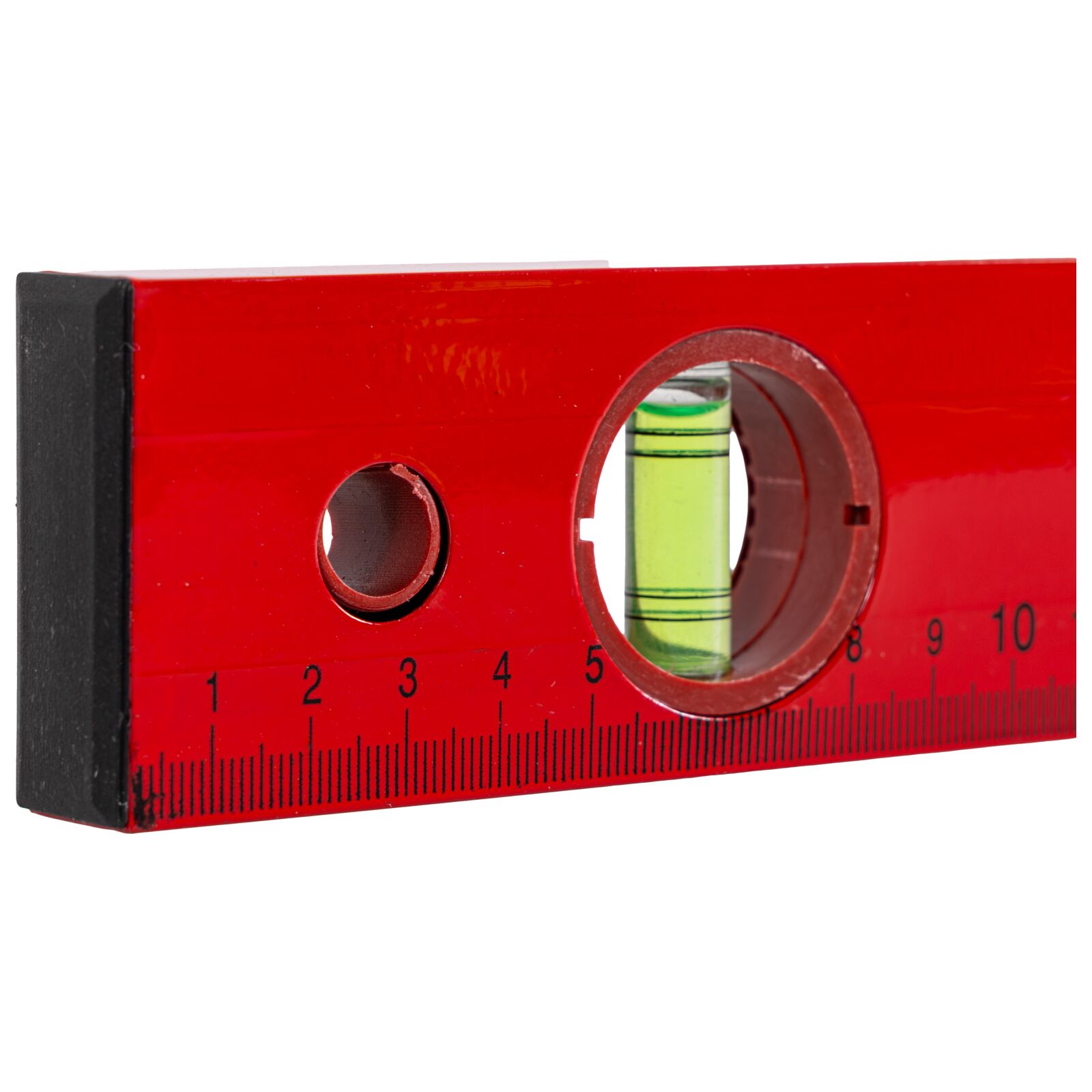 Aluminum Level, Box Type. 3 Vials - Horizontal, Vertical and 45Â° Angle. Box Painted Red. Metric Scale Printed On Side. Plastic Ends in Black. Plastic Ring in Hanging Hole in Red.
