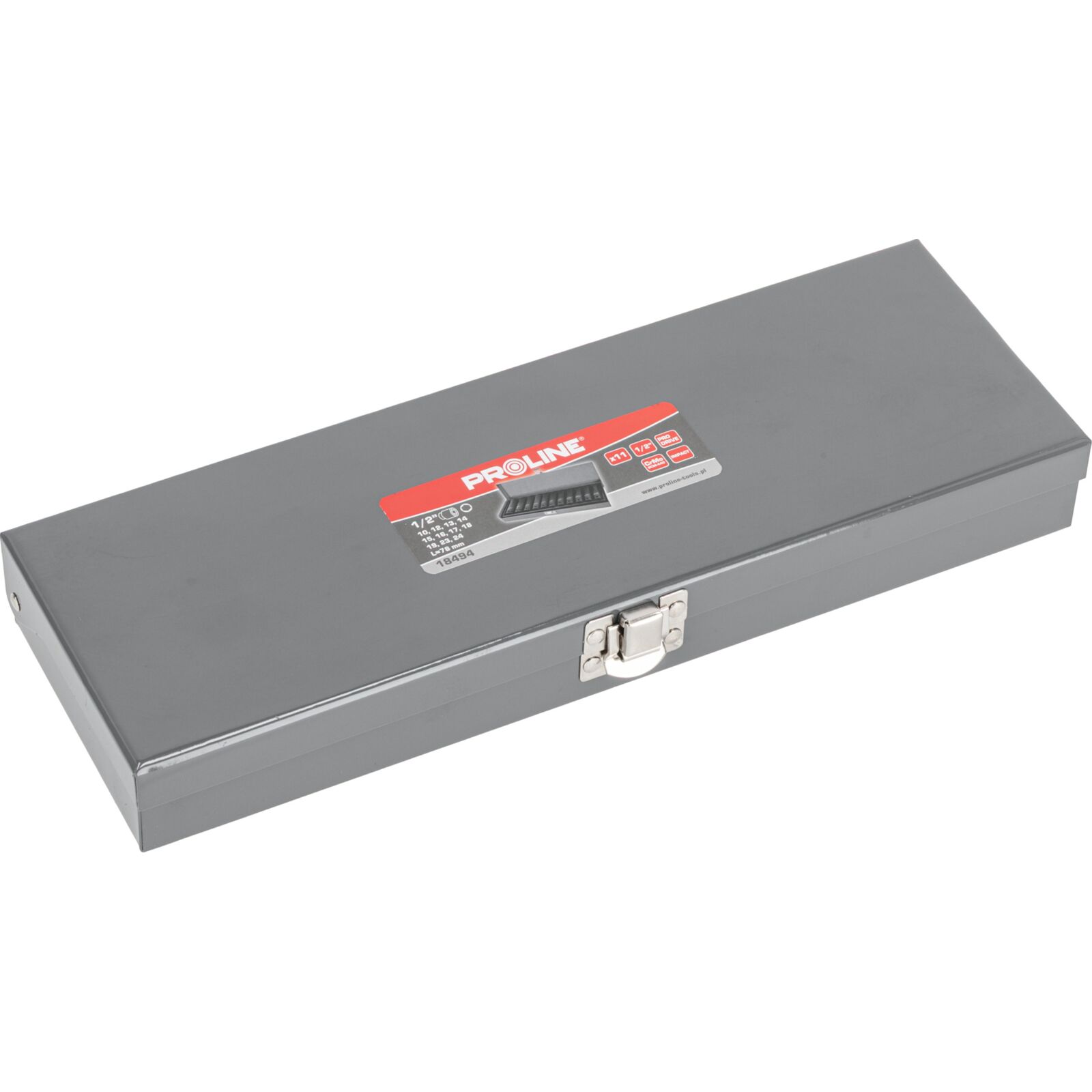 Impact Socket set 11 Pieces 1/2 Long, 10-24 mm, l=78 mm, CrMo, Metal Case, Proline