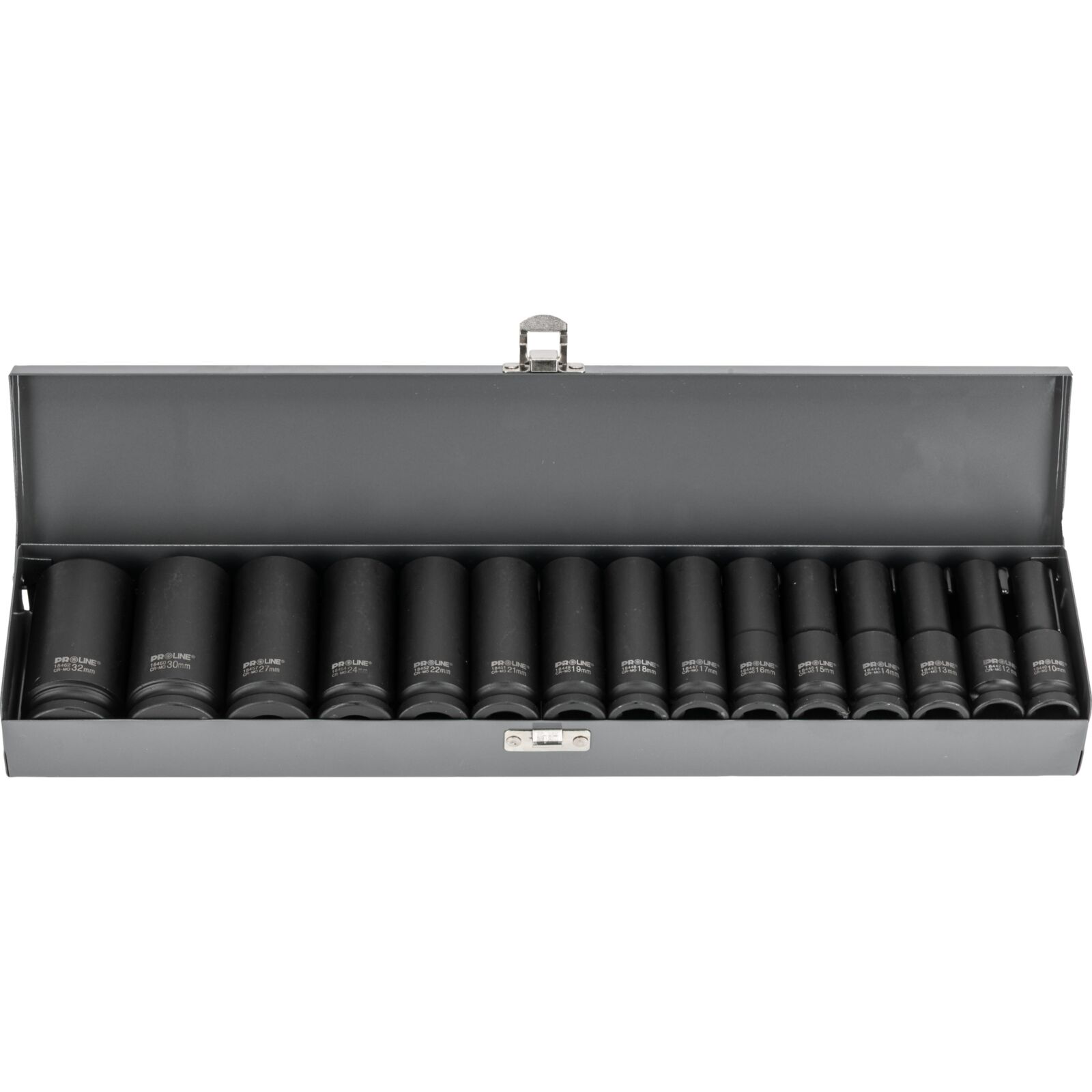 Krafthylsor sats 15st långa hylsor 1/2, 10-32 mm, CRV-MO, Metallbox, Proline