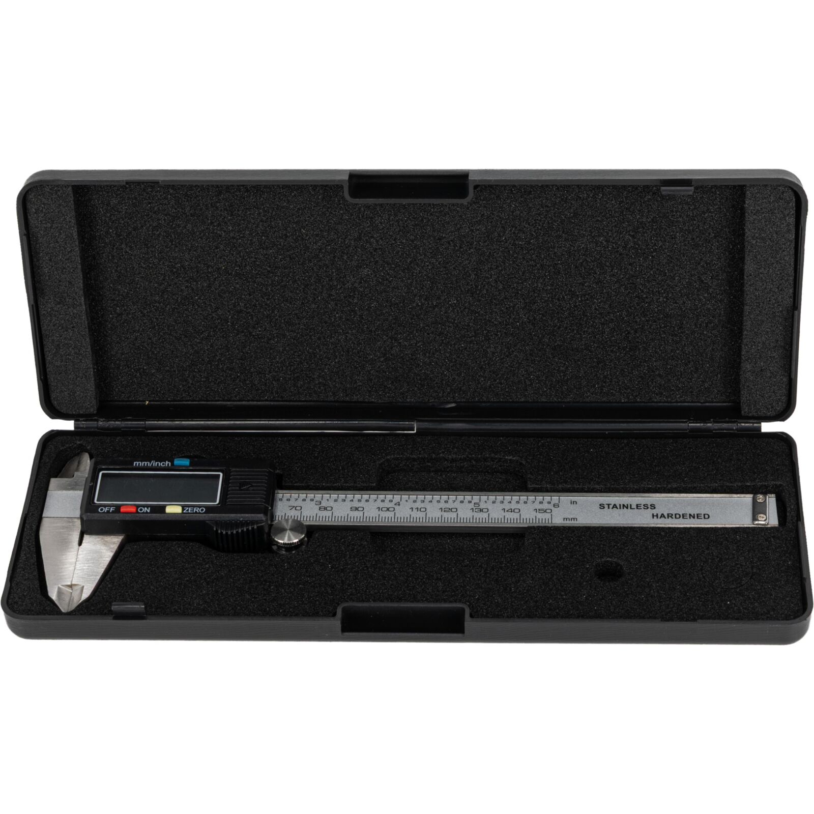 Skjutmått, digitallt, 150 mm, nogrannhet 0, 02 mm. OnOff, Zero, mm, tum. Rosfritt stål, inkl. 2 batterier (ett extra)