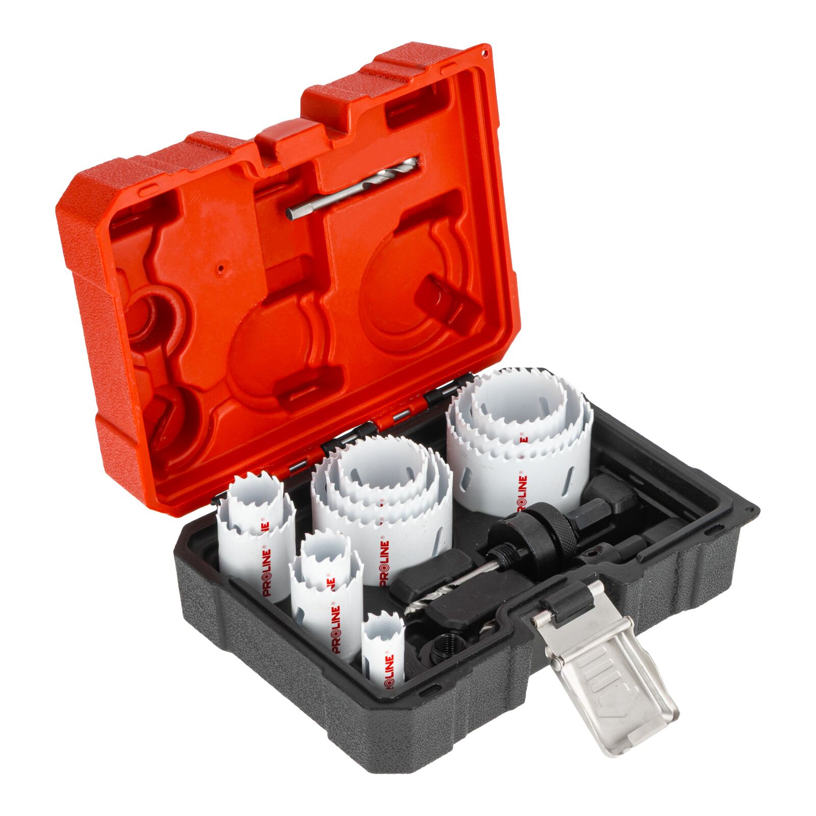 Bi-Metal Hole Saw set 11 Pieces 19-68 mm, HSS M42 with 8% Cobalt, 38 mm Drilling Depth, 4/6 TPI, Adapters, Pilot Bit, Plastic Case, Proline