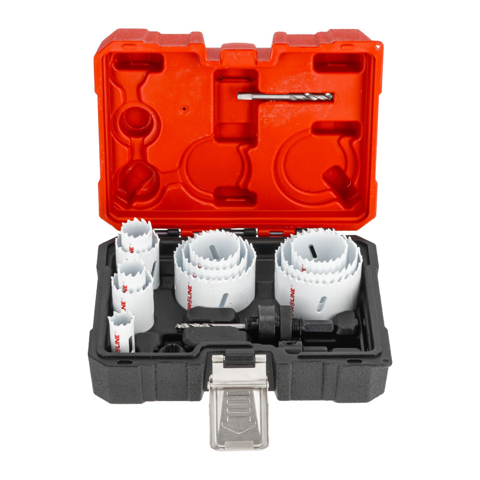 Bi-Metal Hole Saw set 11 Pieces 19-68 mm, HSS M42 with 8% Cobalt, 38 mm Drilling Depth, 4/6 TPI, Adapters, Pilot Bit, Plastic Case, Proline