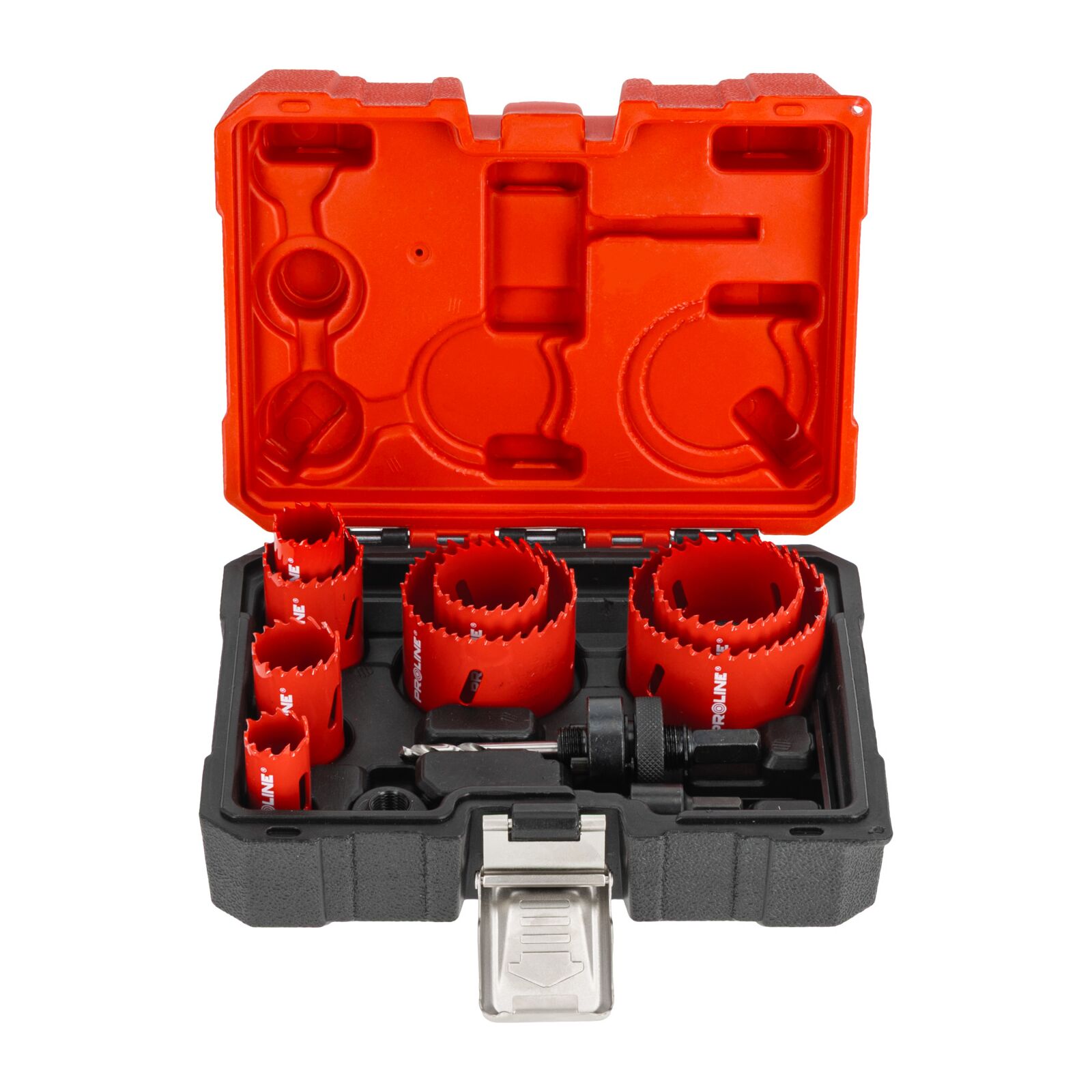 Bi-Metal Hole Saw set 8 Pieces 22-68 mm, HSS M3 Teeth, 2 Adapters, Pilot Bit, 38 mm Drilling Depth, 4/6 TPI, Alloy Spring Steel, Proline